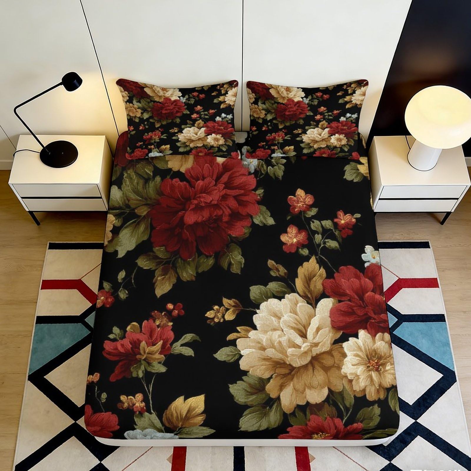 Pnayamiorkfel Style-9 3D Printed Vintage Floral Fitted Sheet Microfiber Soft Large Bloom Bed Sheet For Bedroom Guest Room Decor 90X200x25cm