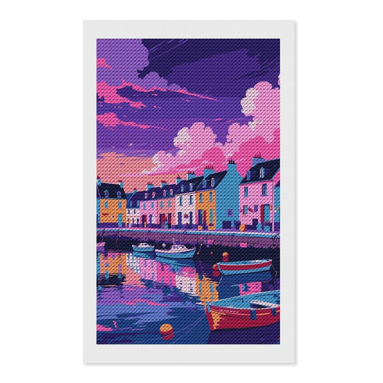 Junmoney Colorful Coastal Town with Boats 5D Diamond Painting Kit 12"x20", Relaxing DIY, Mindful Craft Project, Full Kit Included, Thoughtful Present