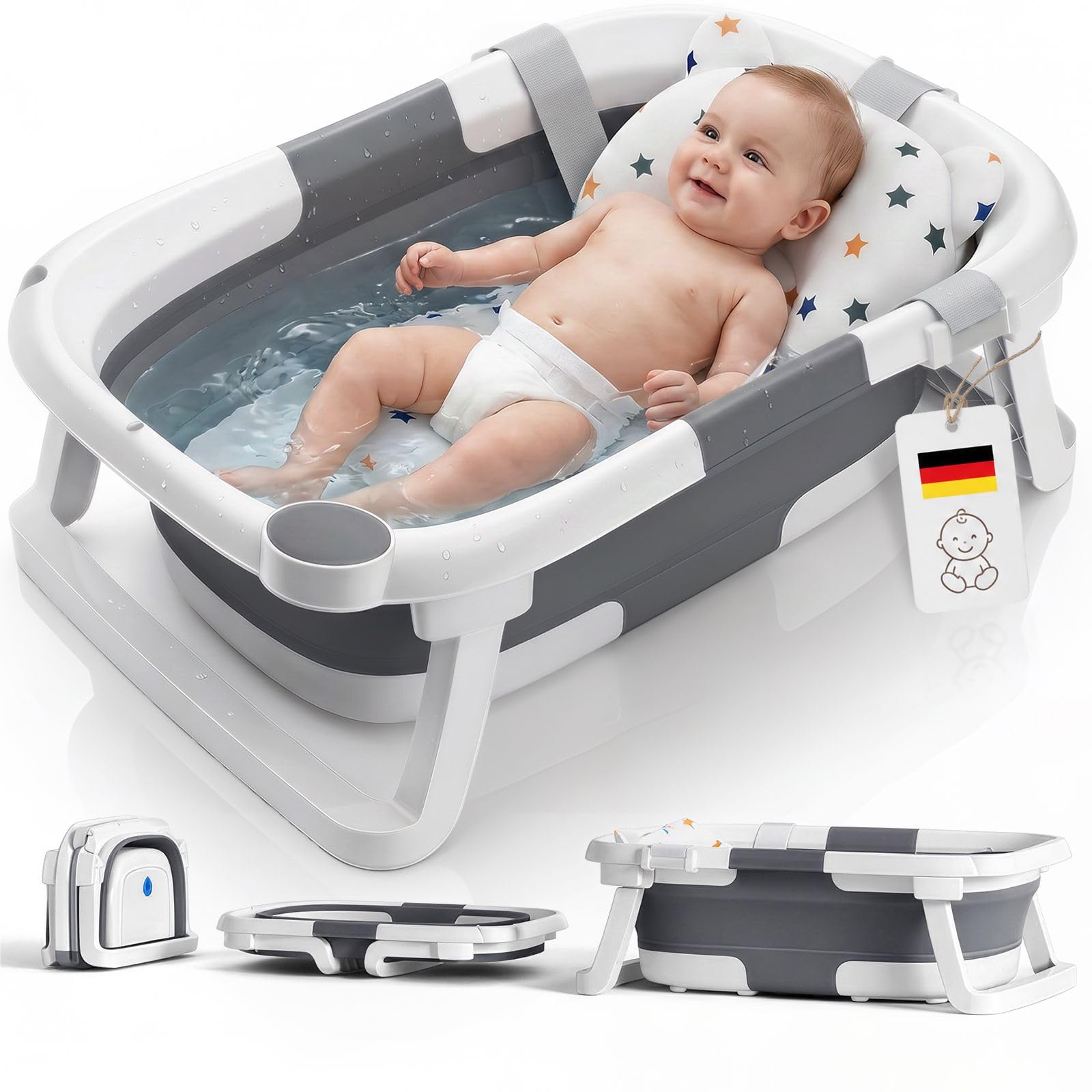 DEANIC Faltbare Baby Badewanne, Babybadewanne Neugeborene von 0-6-12 Monaten Geeignet, Portable Baby Bathtub Nimmt Keinen Platz Weg, Baby Wanne (Grau)