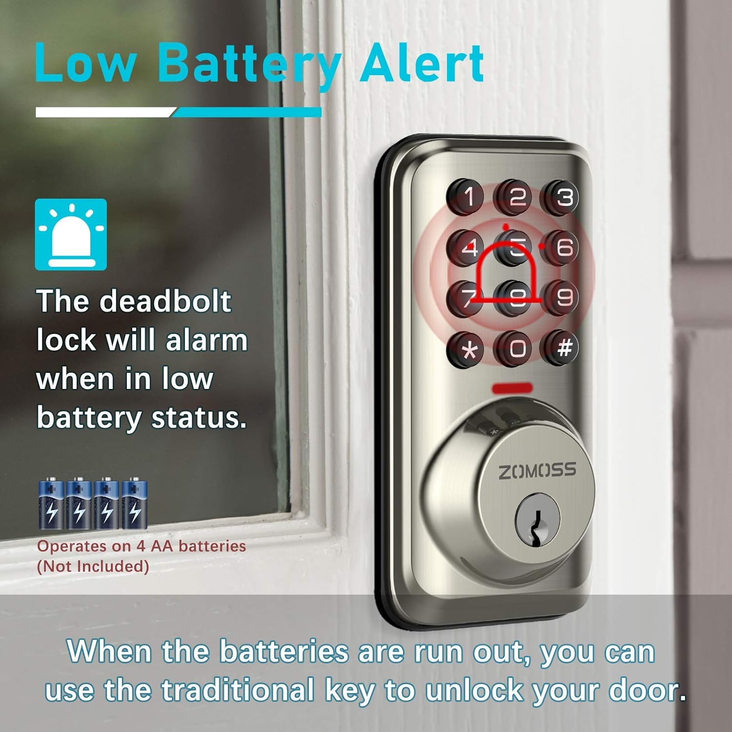 Image of the Zomoss keypad with a red circle around the numbers, indicating a low battery alert.