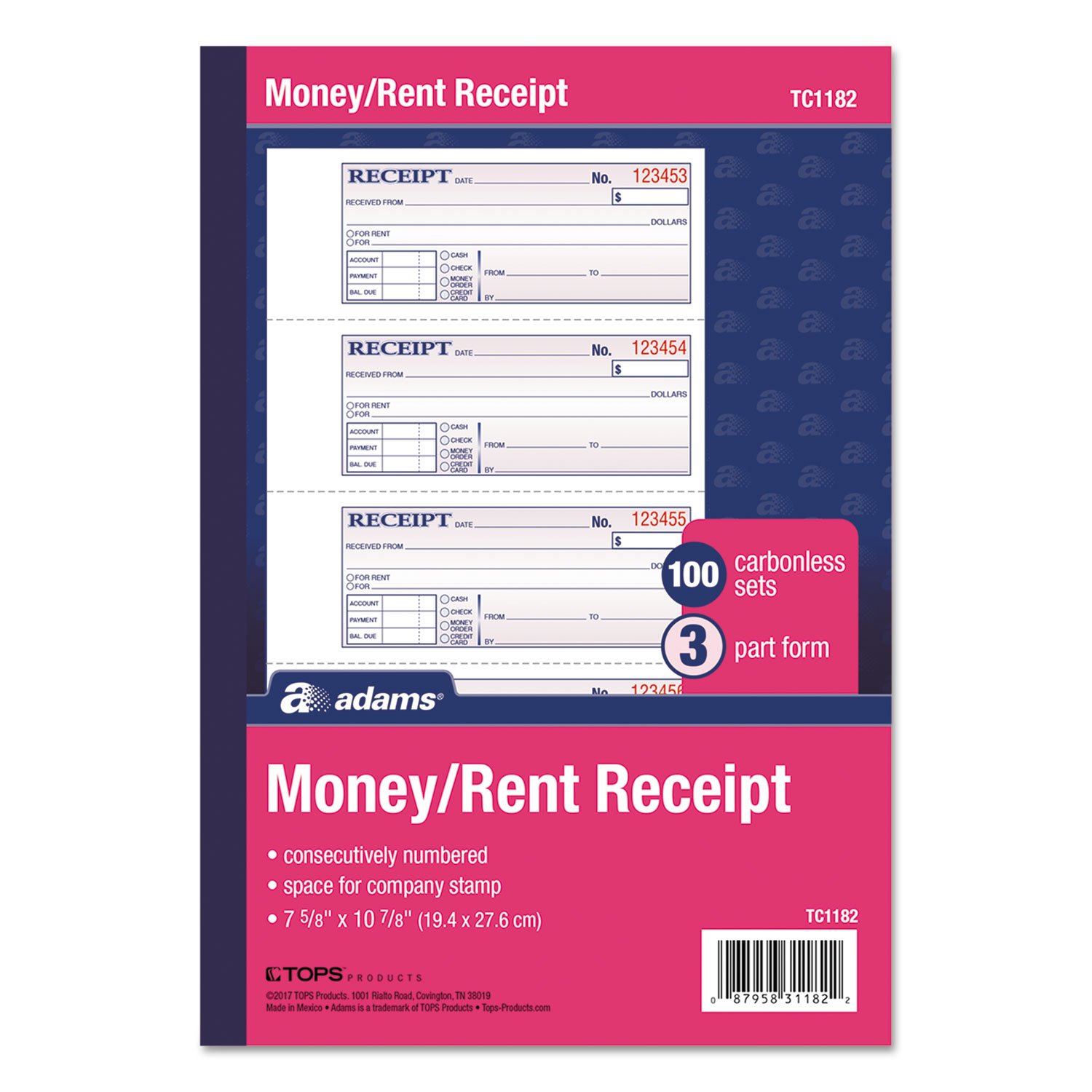 Receipt Book, 7 5/8 x 11, Three-Part Carbonless, 100 Forms, Sold as 1 Each