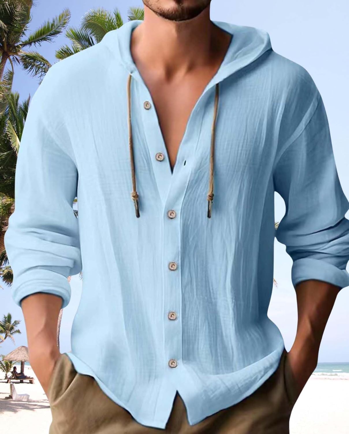 Linen Hoodie Shirt for Men Long Sleeve Button Down Loose Lightweight Beach Vacation Shirts Top - Image 4