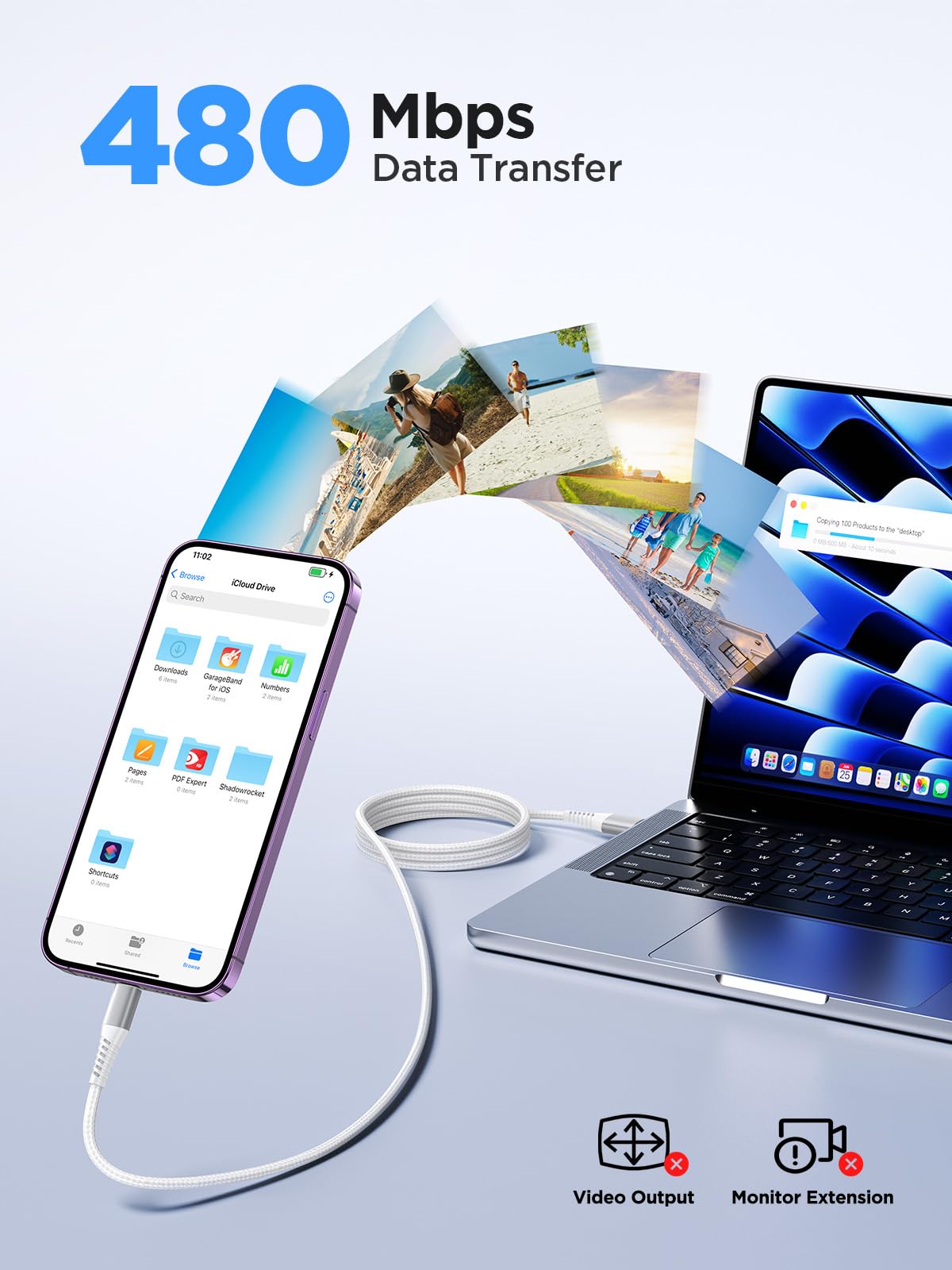 Câble Chargeur Lightning MFi Nylon Tressé Rapide 1m+1m Lot de 2 Compatible iPhone 14 Pro Max/13/12/11/XS/XR/X/8/7/6s/6/SE 2020 iPad