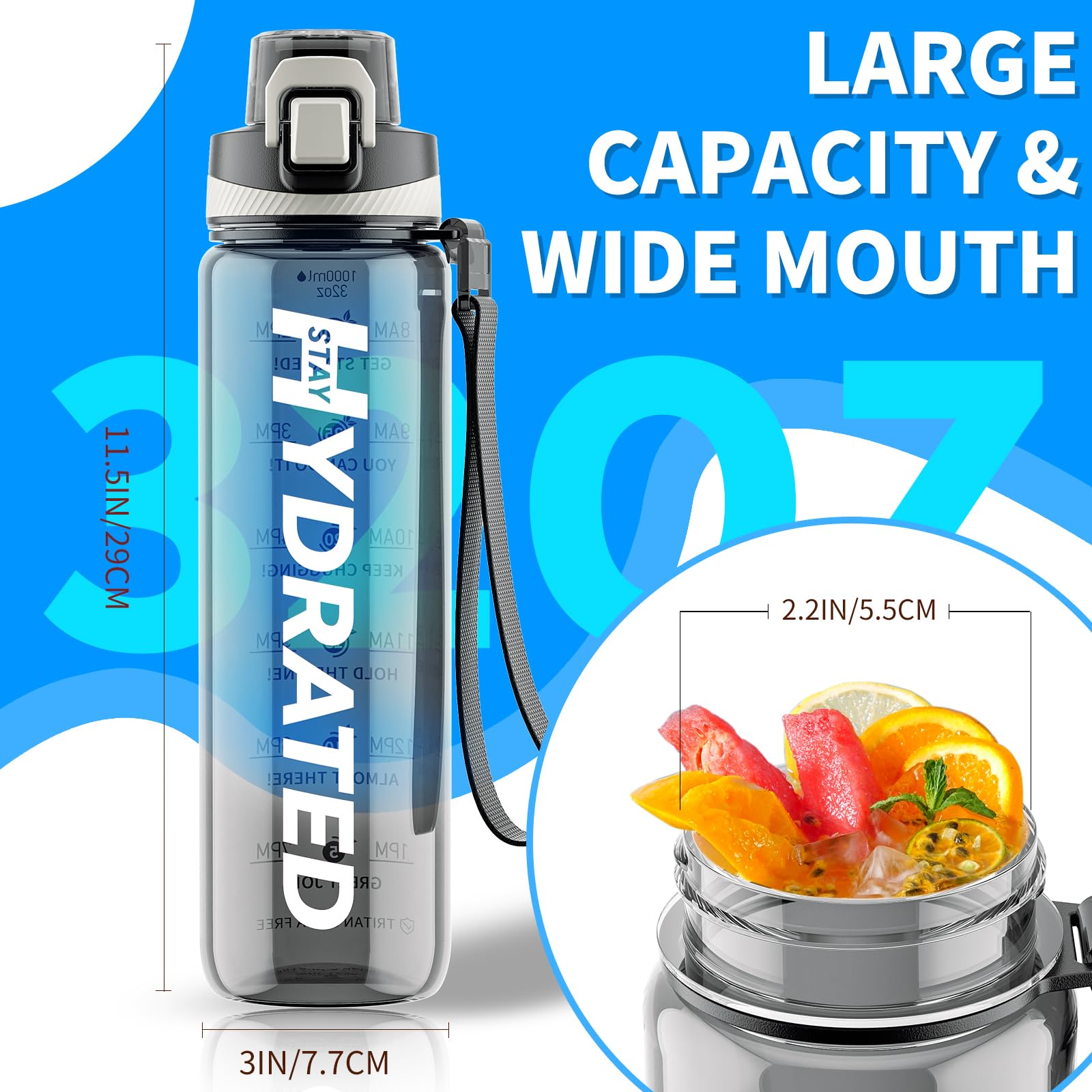 Gourde 1L Tritan Sans BPA Mevoly – Avec Repères Horaires, Anti-fuite, Pour Sport Et Rando