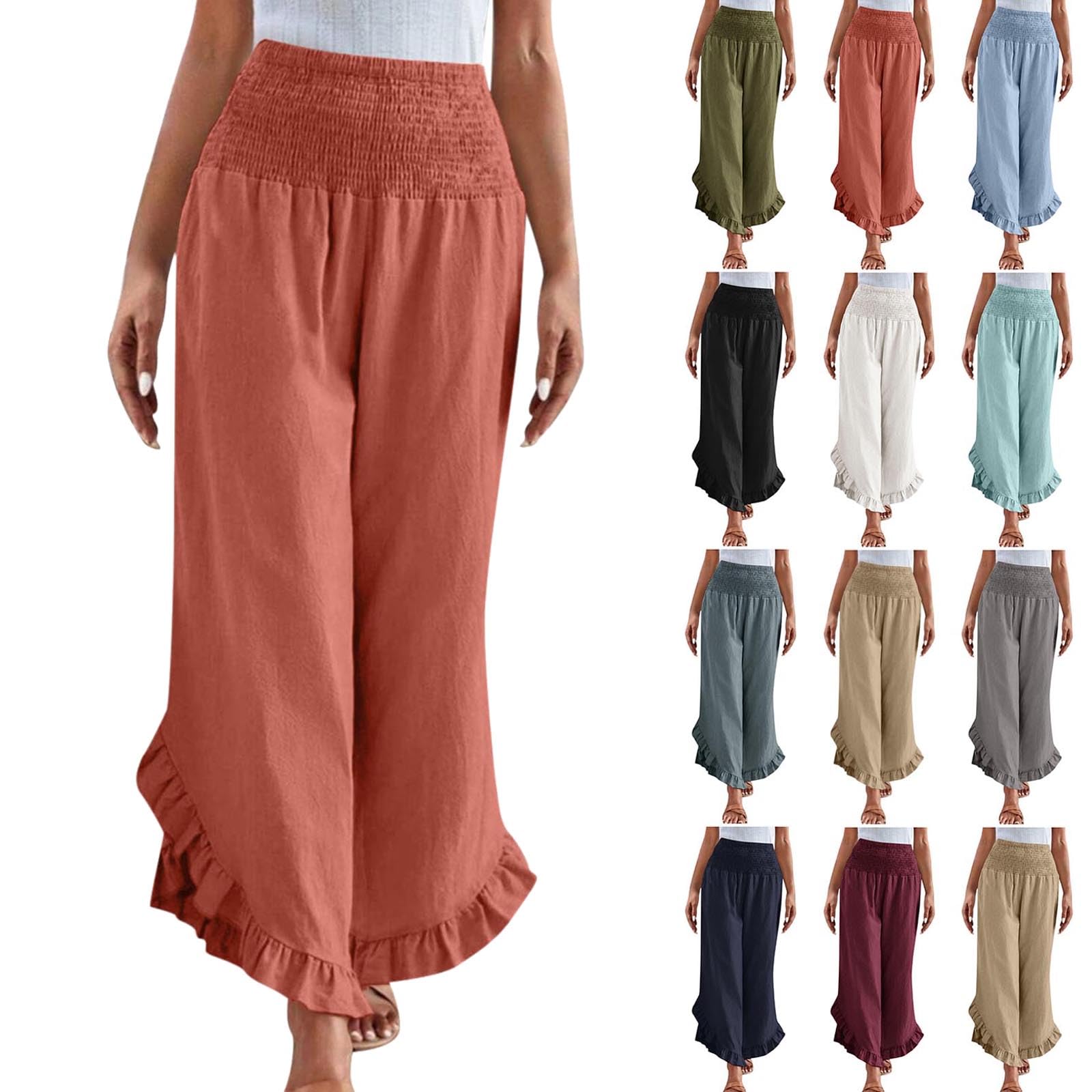 NNBWLMAEE Linen Pants for Women Summer Palazzo Pants Smocked Waist Ruffle Hem Wide Leg Pant Boho Flowy Beach Pant with Pocket (Saffron,L)