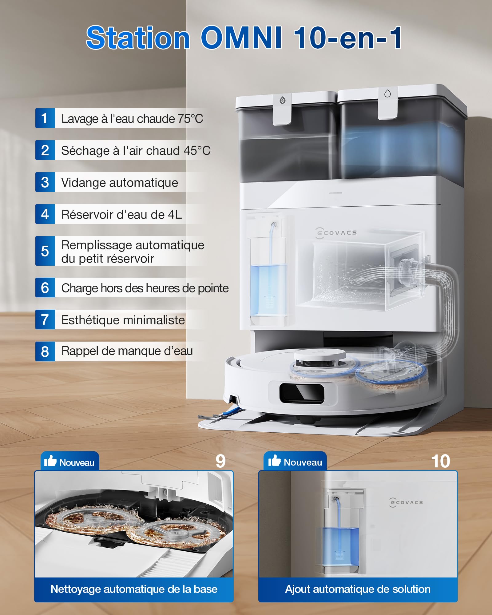 ECOVACS DEEBOT T30C OMNI Robot Aspirateur Laveur avec Station, Aspirateur Robot 20000Pa, Lavage à l'eau chaude 75℃, Serpillière OZMO TURBO 2.0, Brosse ZeroTangle 3.0, Nettoyage humide adaptatif, Blanc