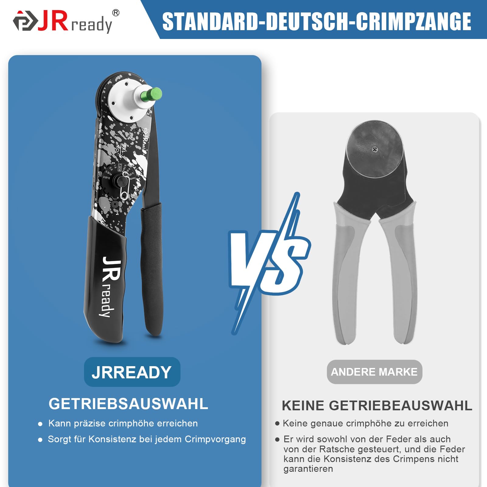 JRready NEW-DT2 Deutsch Crimpzange für Deutsch Stecker DT/DTM/DTP, Vierdorn-Crimpwerkzeug mit Positionierer, 12# 16# 20# gedrehte Kontakte, 12–22 AWG, HDT-48-00/HDT-4800 kompatibel