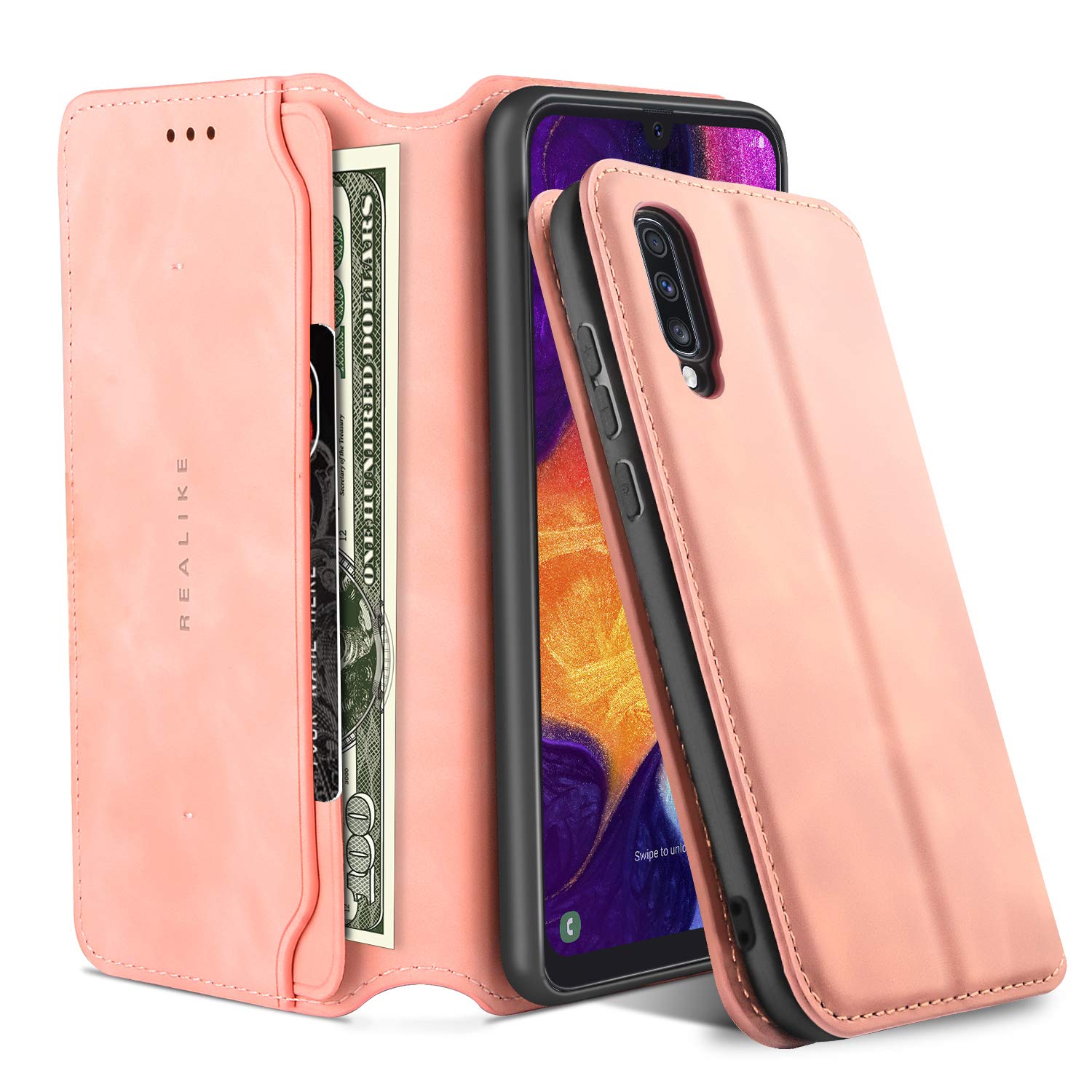 REALIKEWallet Phone Case for Samsung Galaxy A50 Leather Flip Case with Card Holder Slots for A50 Folio Magnetic Closure Slim Fit Shockproof Bumper Protection Cover for Men and Women-Pink