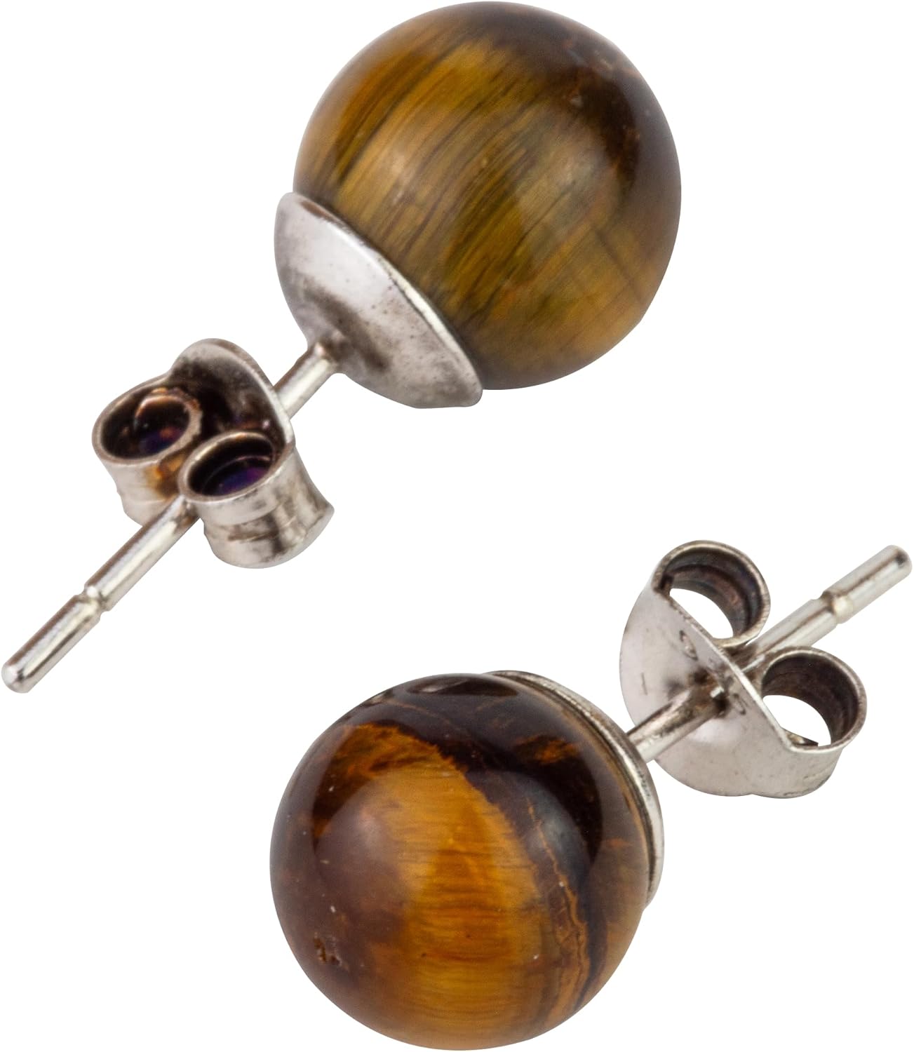 LaTisoro 925 Sterling Silver Small Tiger Eyes Stud Ball Earrings: 8mm Hypoallergenic Round