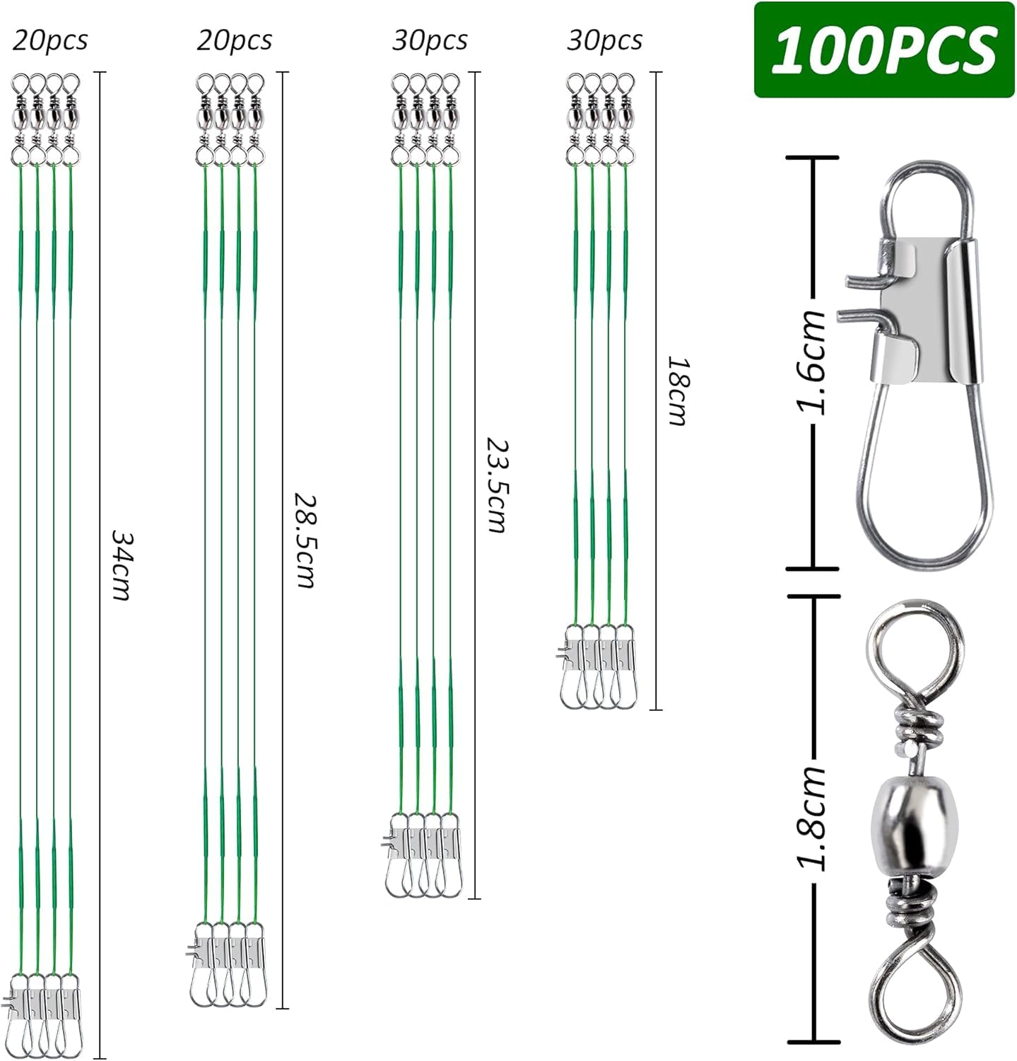 Cable del Líder de Pesca de Acero Líderes de Traza de Alambre de Pesca con Giratorios y Broches de Presión Múltiples Tamaños de Diferentes Líneas de Alambre Anti-Mordedura 15cm 20cm 25cm 30cm
