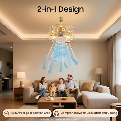 Miniatura 3 de Ventilador de techo sin aspas dorado de 20 pulgadas con luces de montaje empotrado con control remoto, ventilador de techo industrial, lámpara de