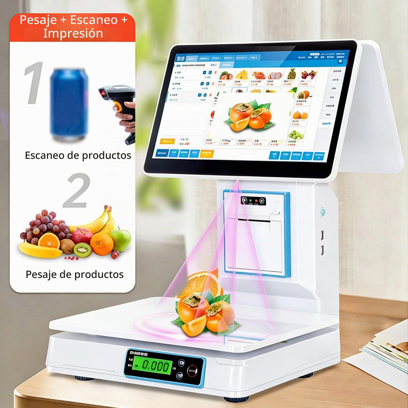 TPV con Báscula, Pantalla Táctil Capacitiva De 15,6", Terminal TPV con Escáner Portátil Y 10 Rollos De Papel, Caja Registradora con Teclado E Impresora. para Restaurantes Singlescreen