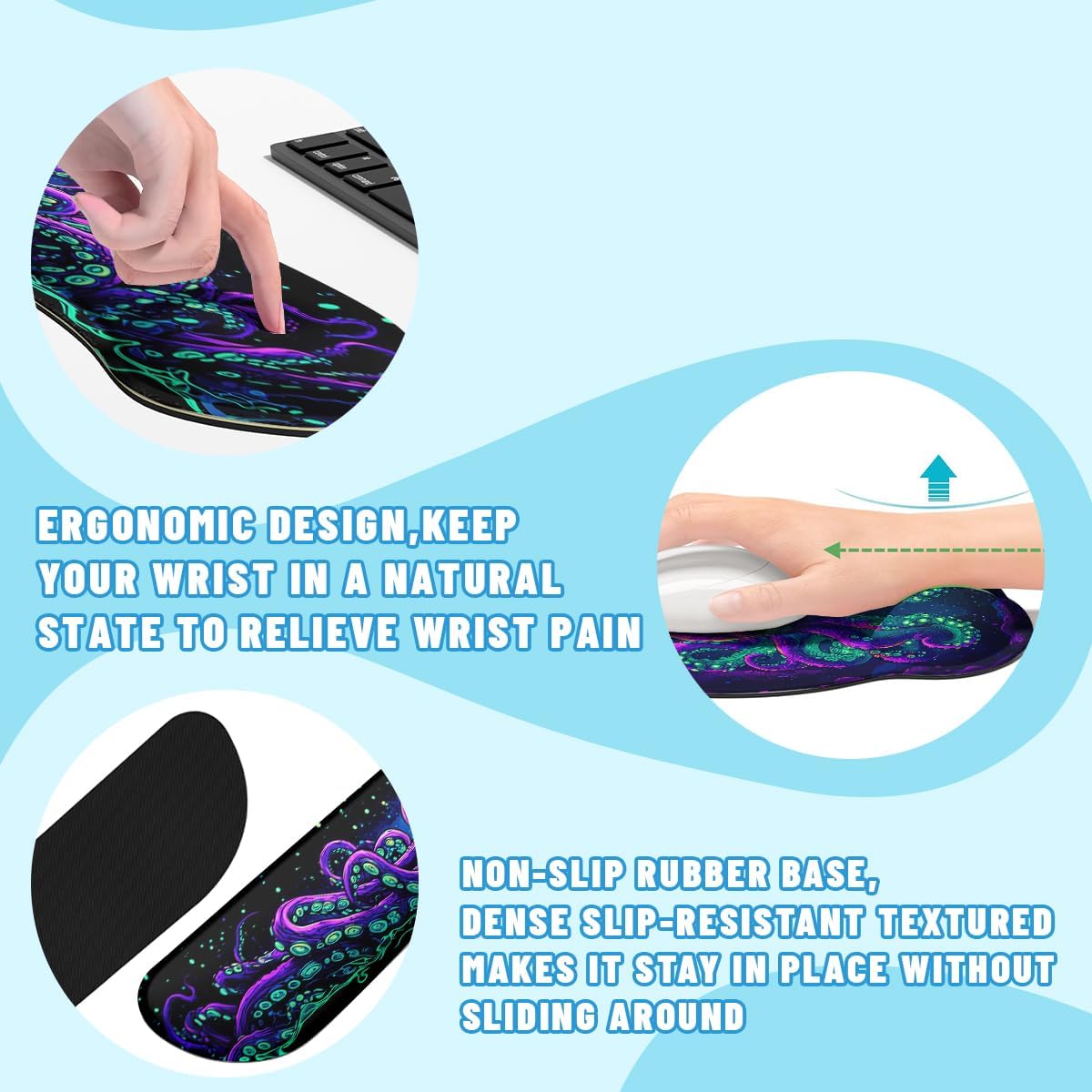 Octopus Mouse Pad Set Cool Neon Purple Green Cthulhu Monster Gaming Mousepad 4in1 Desk Mat for Desktop Wrist Support Cup Coaster Set Ergonomic Computer Desk Arm Wrist for Decor Home Office