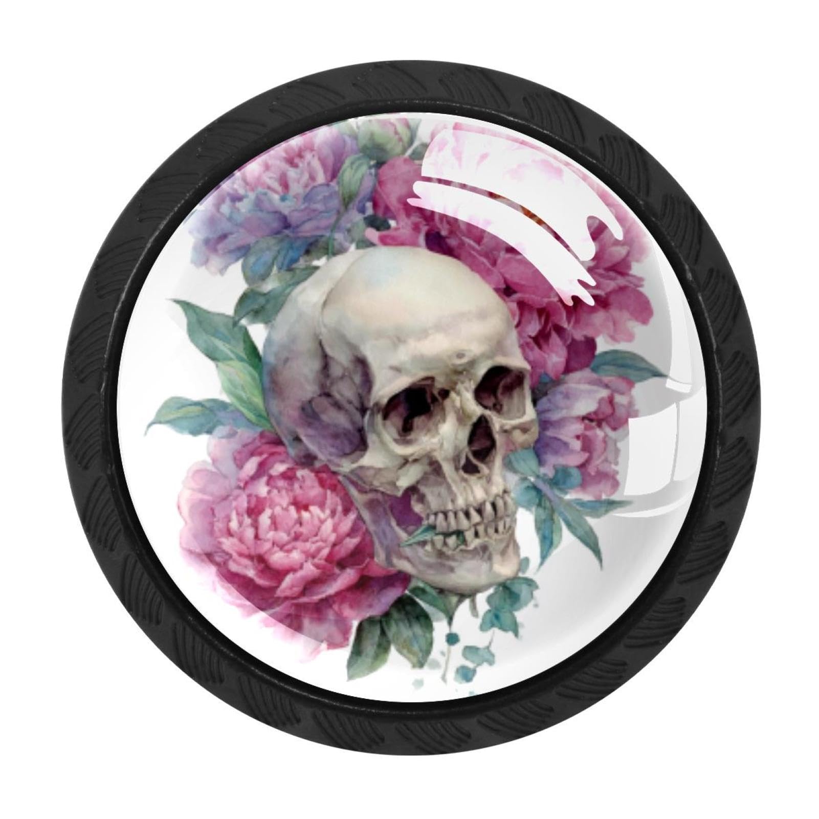 CHENZZZZ 4 Pieces Watercolor Skull and Peonies Flowers (10) Kitchen Cabinet Knobs Drawer Knobs Dresser Knobs Black Knobs Drawer Pulls Dresser Drawer Handles Knobs for Dresser Drawers