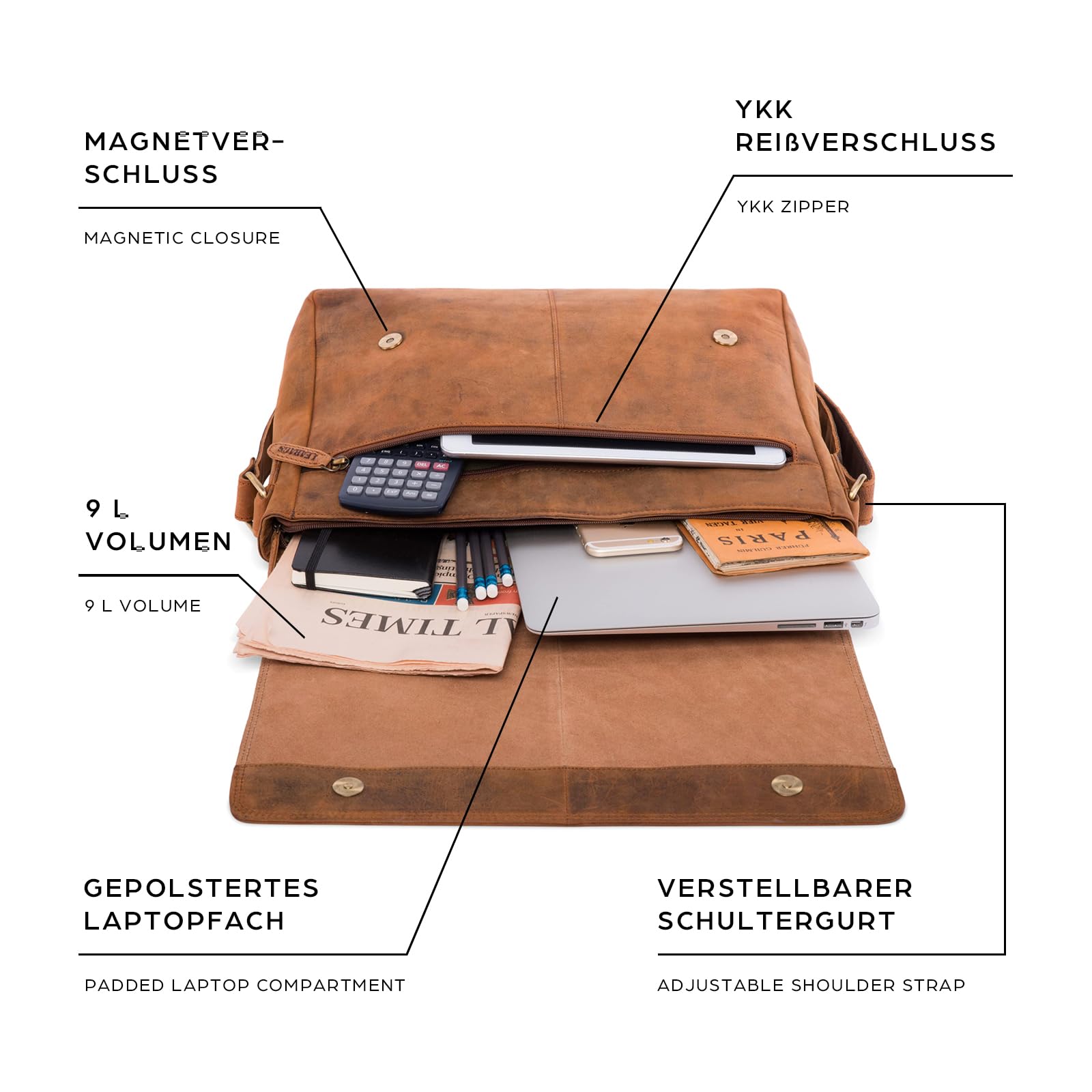 LEABAGS Bolso para Hombres y Mujeres | Bolsa de Portátil 15" | Cuero Genuino | Bolso Bandolera con Correa para el Hombro | Bolsa Mensajera | Bolsa de Trabajo | Bolsa de Maestro