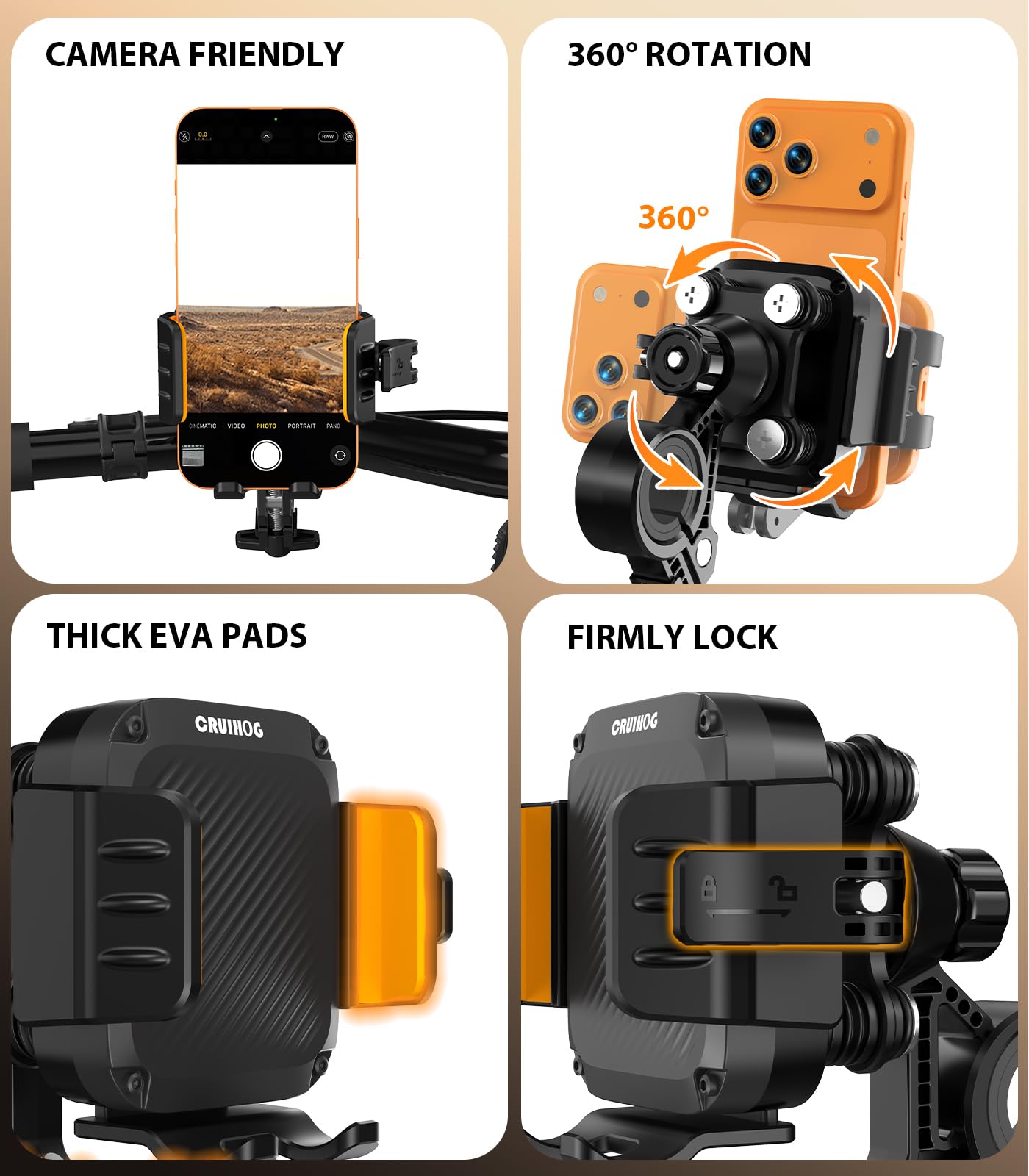 Support de téléphone pour vélo, moto, 4 amortisseurs de vibration, compatible avec l'appareil photo, support de téléphone pour vélo, scooter, VTT, poussette, taille réglable pour téléphone de