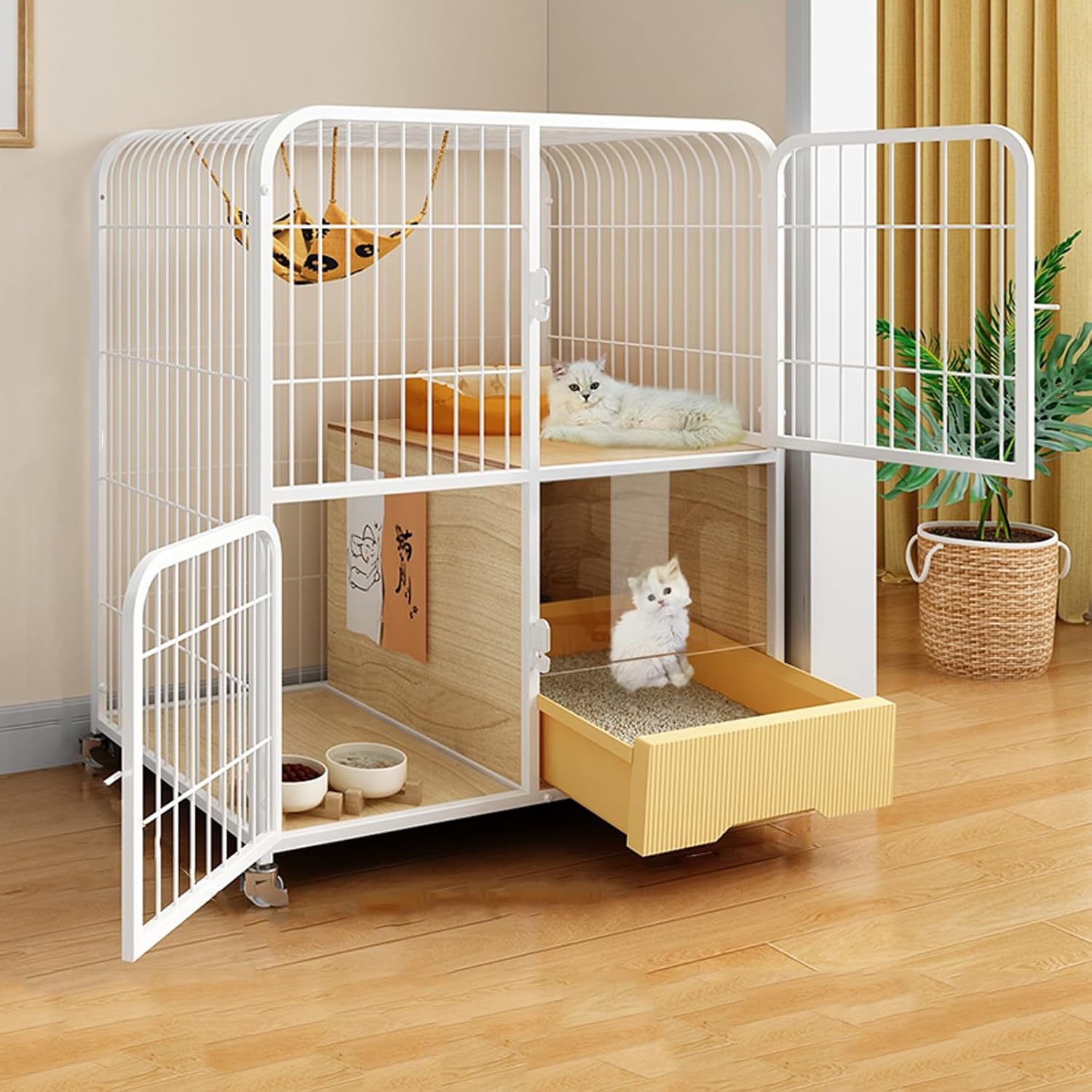 Cat Cages Indoor/Outdoor,Large Rolling Cat Kitten Cages Removable Animal Playpen Cat House with Wooden Platform 2/3-Tier Pet Enclosure with Rotating Casters (White A)