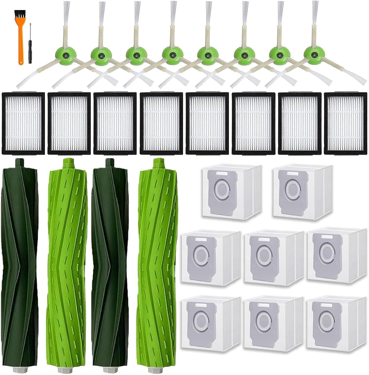 26 pack of replacement parts, Suitable for iRobot Roomba i3 i3+ i7 i7+ J7 J7+ i5 i5+ i4+ j5 j5+ i6 i8 E7 i&E&J series vacuum cleaner, 2 Set Rubber Brushes 8 filters, 8 edge brushes, 8 dust bags