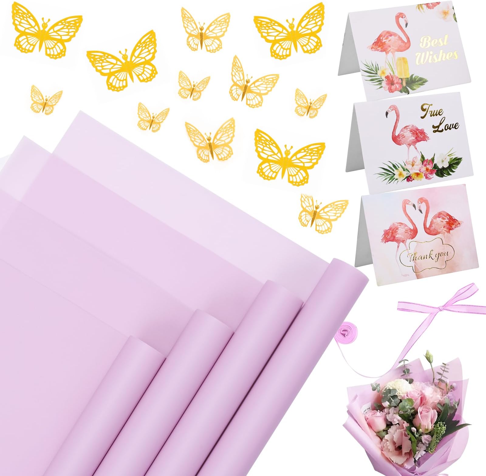 20 Sheets Flower Wrapping Paper - Waterproof Floral Bouquet Wrapping Paper, Florist Supplies with 3D Gold Butterfly Decor(Mist light purple)