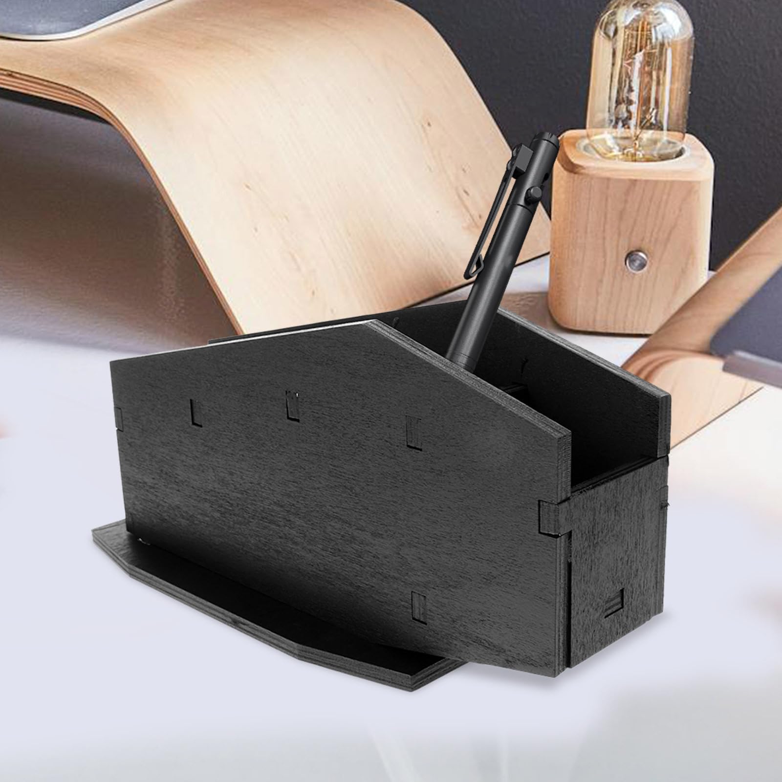 Abaodam 4 Pièces Pot à Pinceaux de Maquillage en Bois Foncé Forme Cercueil Style Gothique Unique pour Bureau ou Coiffeuse Rangement Polyvalent et Finition Soignée