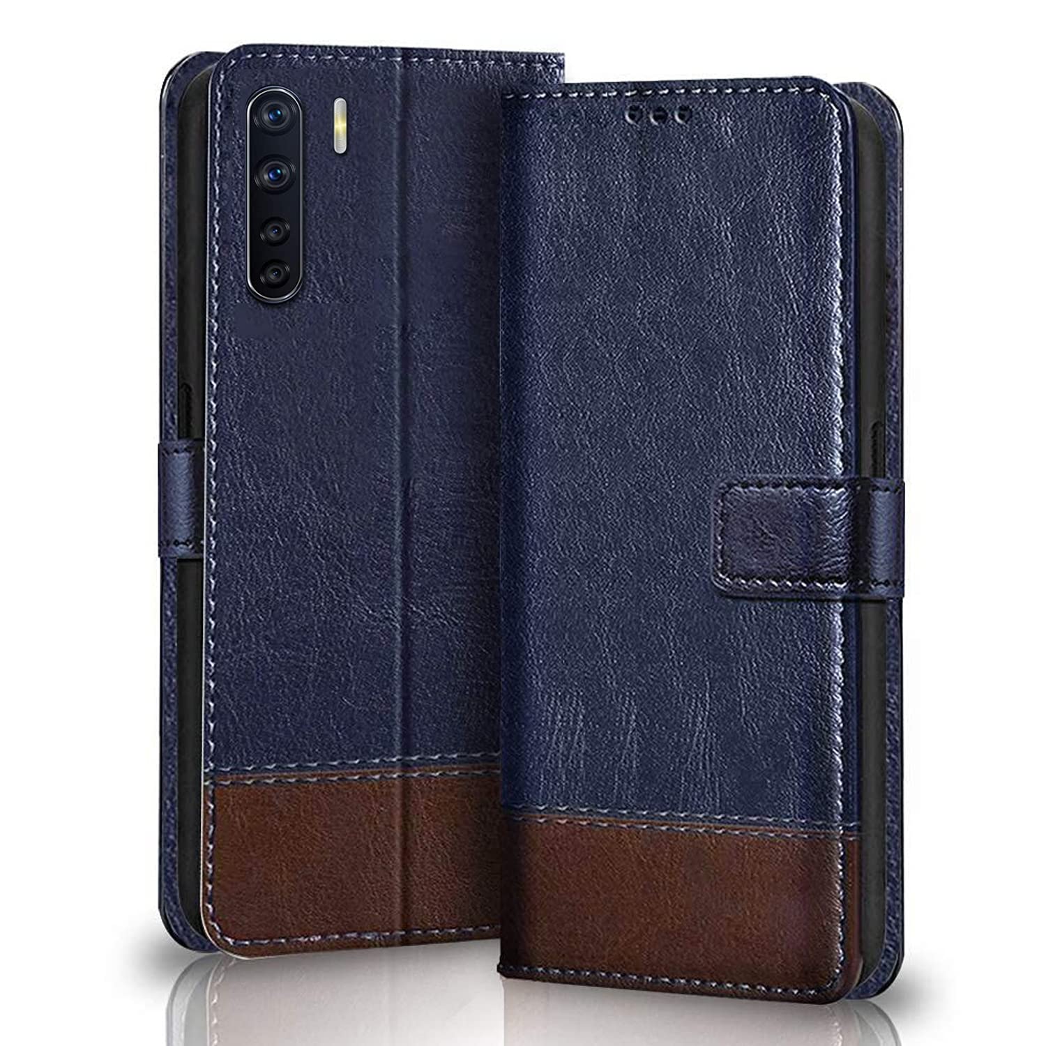 Winkel Premium Vegan Leather Dual Flip Magnetic Mobile Cover Case | Kickstand & Card Holder | 360 Degree Grip Protection| Wallet Type with Magnetic Closure for Oppo F15 -(Blue with Brown) (B09MB4HVW8) Amazon Price History, Amazon Price Tracker