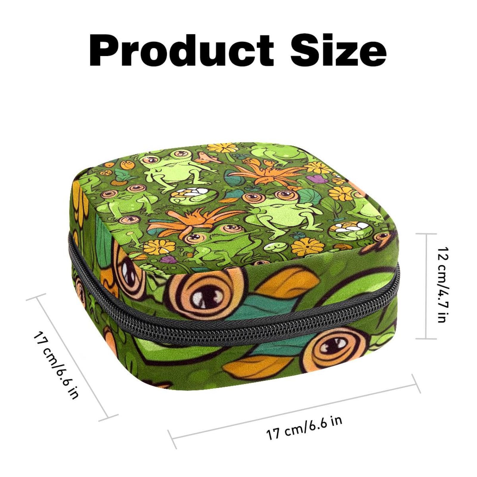 Portable Menstrual Pad Bags, Large Capacity Sanitary Napkin Storage Bag, First Period Kit for Girls Women, Zipper Nursing Pad Holder Cartoon Playful Frogs with Flower