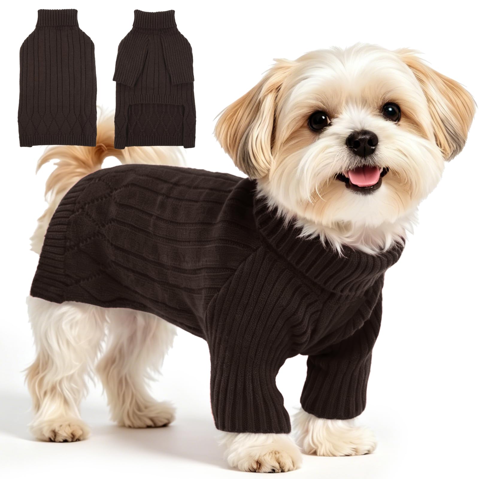 OUOBOB Dog Jumper for Small Dogs, Turtleneck Winter Knitwear for Dachshund Yorkie Chihuahua - Cosy Long Sleeve Christmas Dog Jumper for Boy & Girl Small Breeds (Brown S)