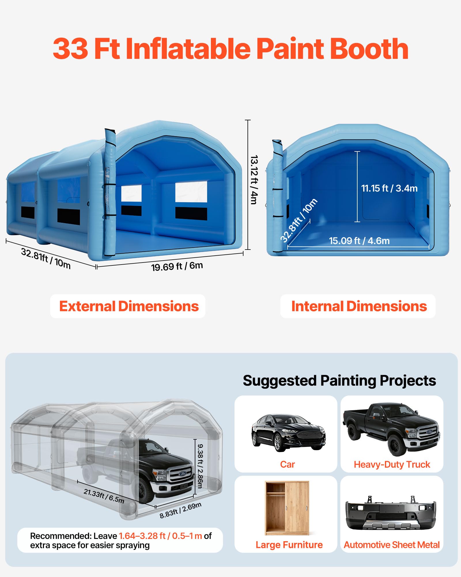 VEVOR Cabine de Peinture Gonflable 10x6x4 m, Tente de Pulvérisation pour Voiture avec Ventilateurs de 950 W et 1100 W et Système de Filtration d'air, Toit Rond, pour Garage Atelier Automobile