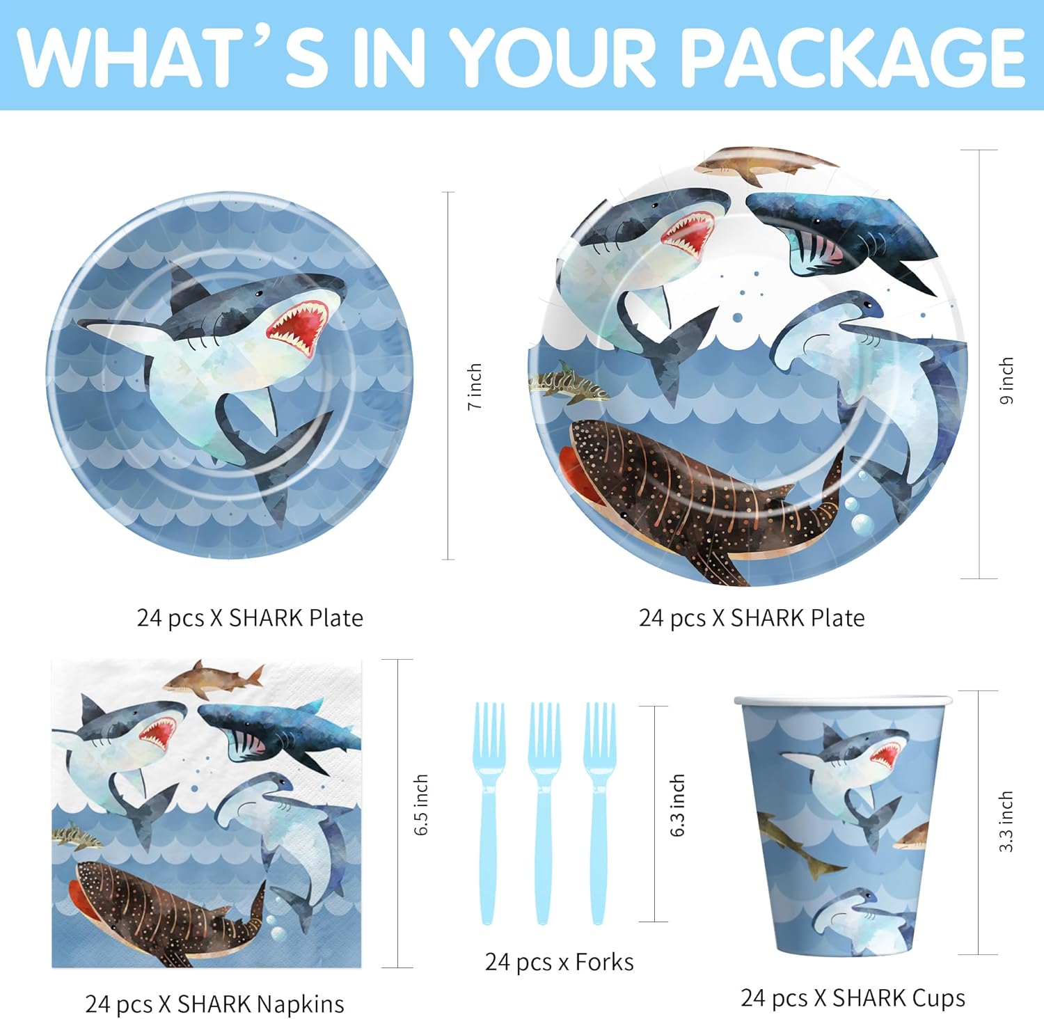 Shark Birthday Plates And Napkins Party Supplies - Ocean Under The Sea Shark Birthday Decorations Tableware, Paper Plate, Cup, Napkin, Disposable Fork, Serves 24 (Pack of 2)