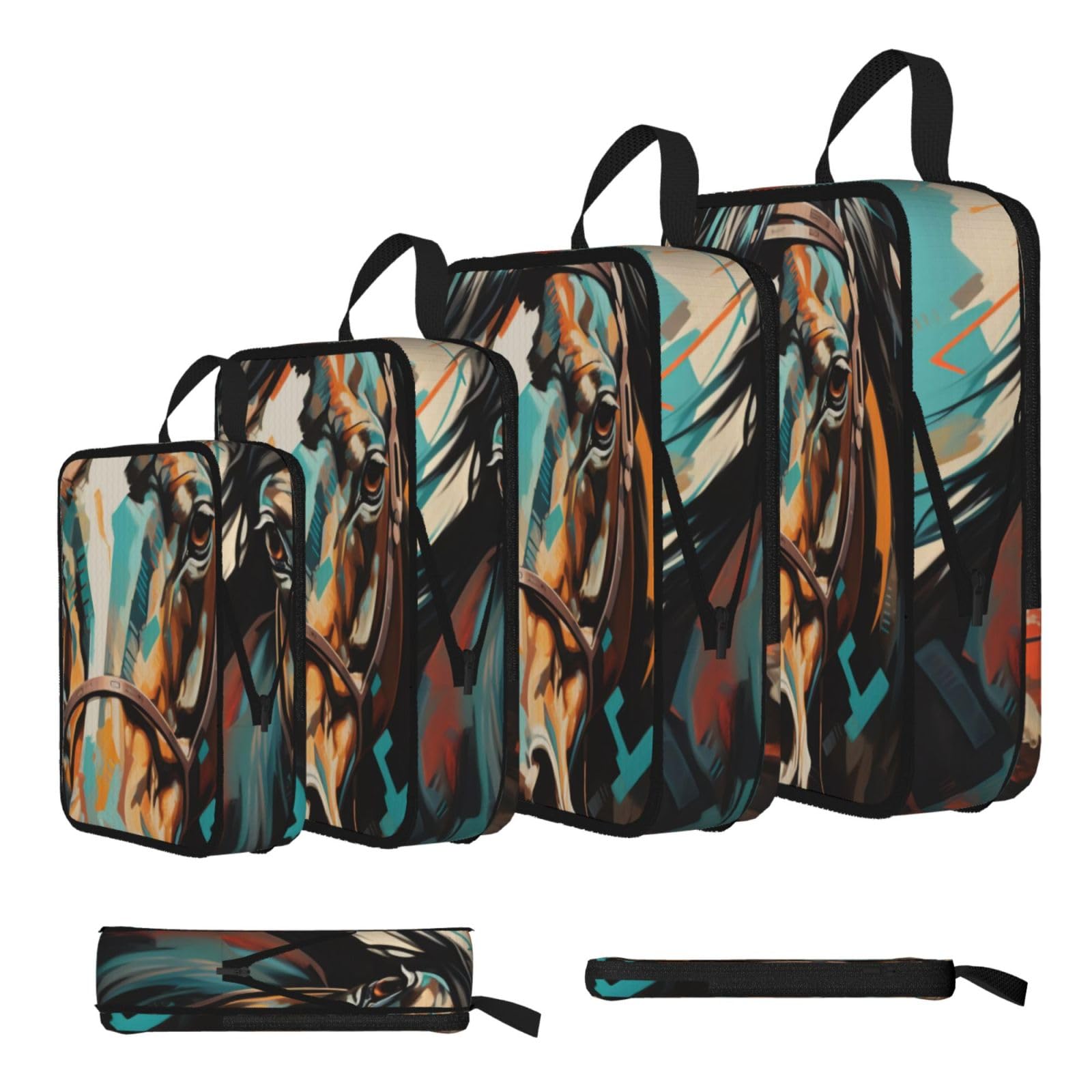 Sxzvvbn Black Pictures Of Colorful Horses Compression Packing Cubes 4 Piece Set