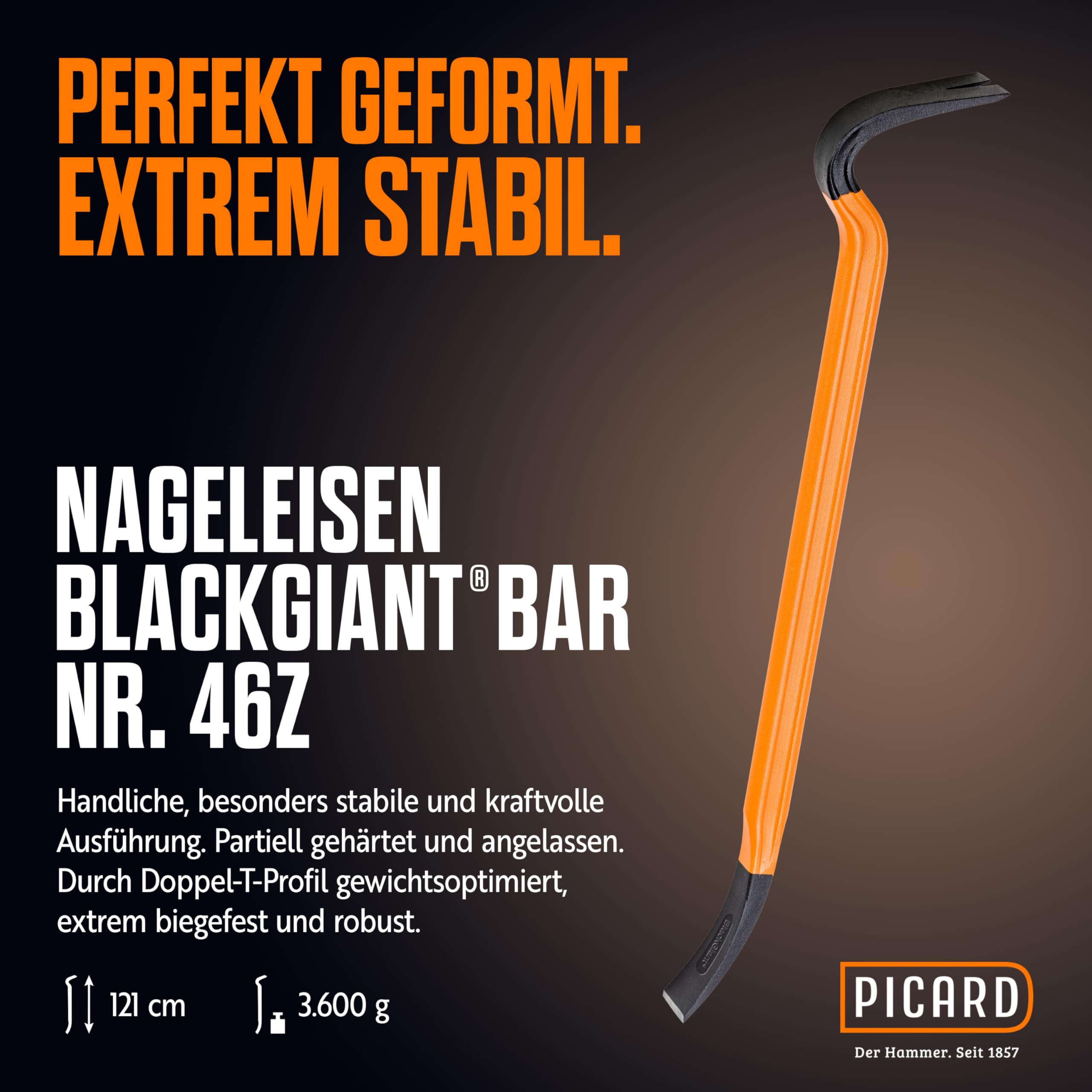 PICARD BlackGiant® Bar Nageleisen Nr. 46Z 3,6kg | 930mm Länge | 90° Hebelkraft Design | Rutschfest | Für Dachdecker Maurer Schlosser | Biegefest & Langlebig