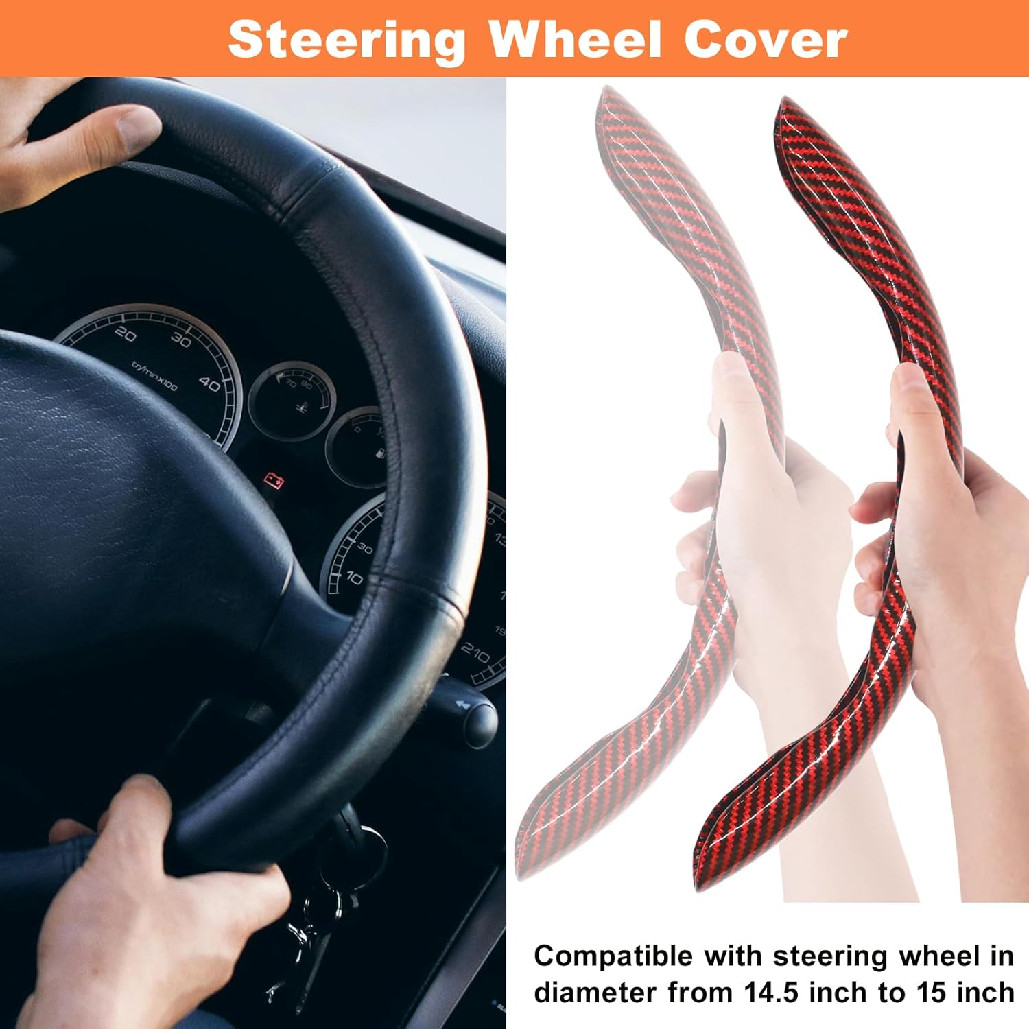 3pcs Carbon Fiber Steering Wheel Cover - Snap on 15 Inch Anti-Slip Car Steering Wheel Protector, Universal Car Interior Accessories (Red)