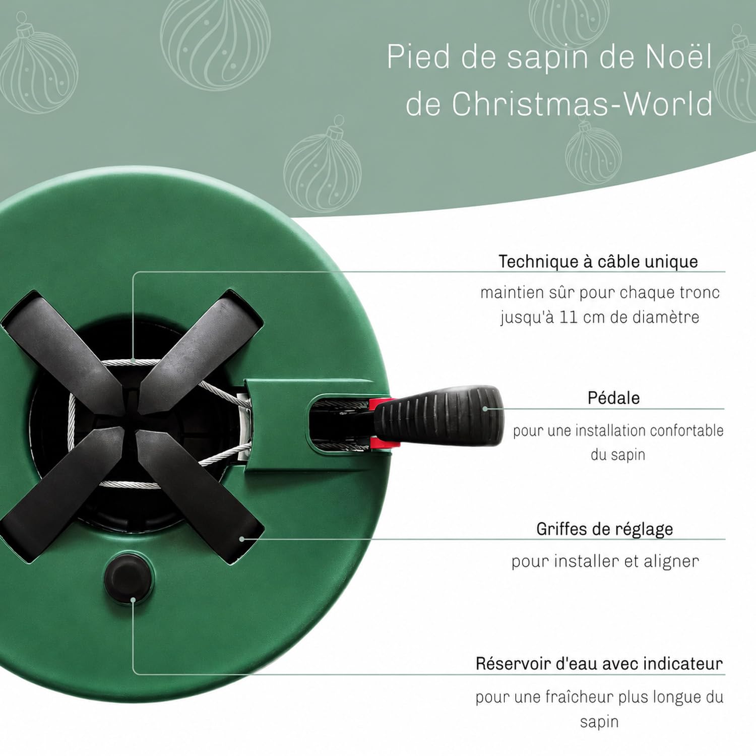 Christmas-World Support pour sapin de Noël, modèle Taunus, pour une hauteur d'arbre jusqu'à 2,25 m, support pour sapin de Noël avec pédale et câblage, réservoir d'eau de 2,0 litres, Vert