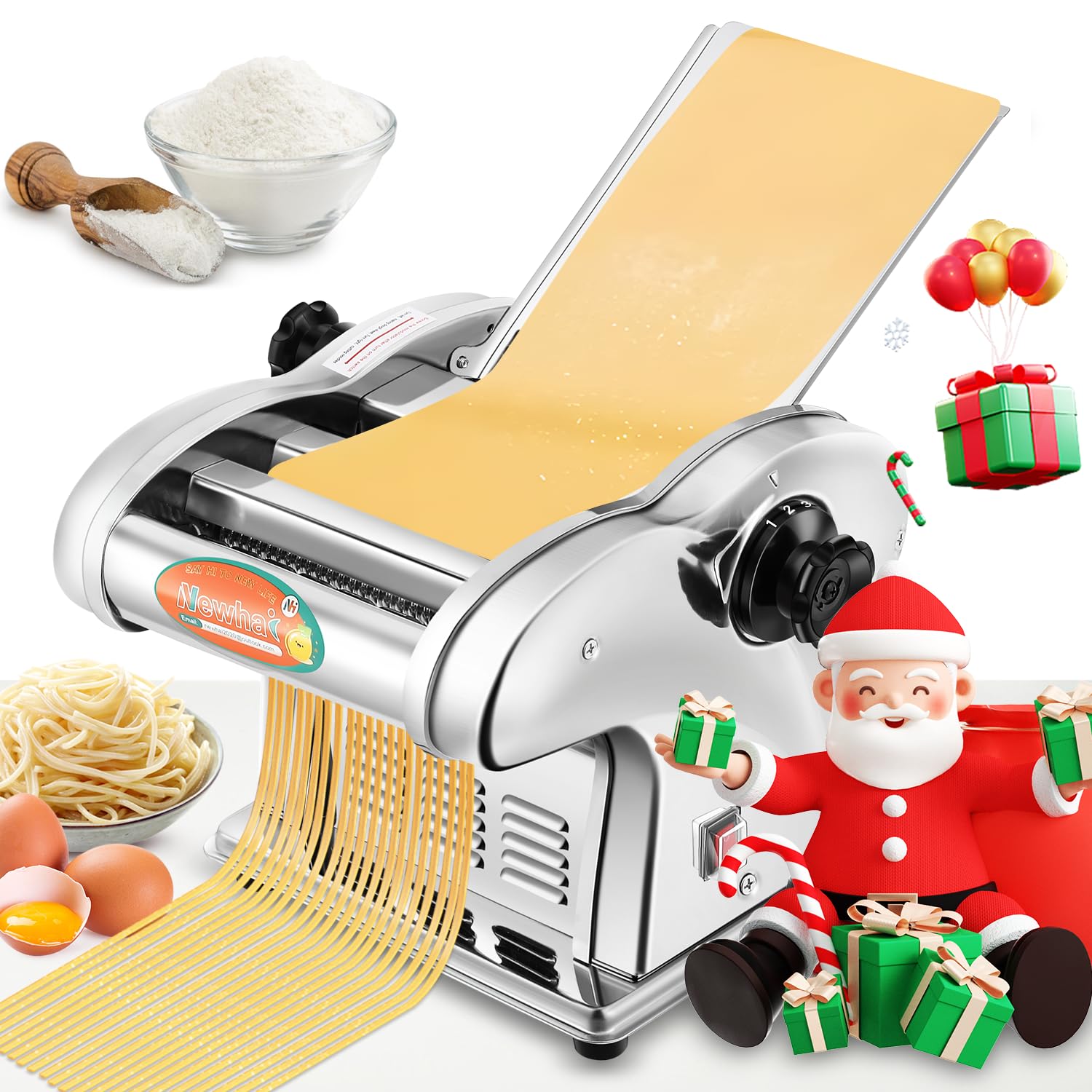 Newhai Electric Pasta Maker Family Noodle Making Machine Dough Roller 2.5mm Spaghetti 4mm Wide Noodle 9mm Fettuccine Cutter 110V US Stainless Steel for Home Use