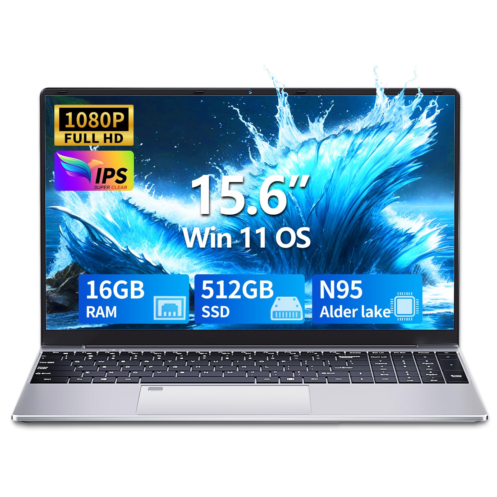 15.6 Pollici PC Portatile 16GB RAM 512GB SSD, Win 11 Notebook Celeron N95 CPU, 180° Flip Laptop FHD 1920*1080, Tastiera Retroilluminata, Sblocco Impronta Digitale, USB3.0+BT4.2+Webcam+Mini-HDMI