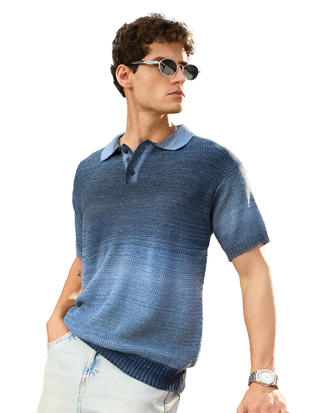 the souled store Everyday Polo: Men and Boys Short Sleeve Spread Collar Ombre Print Textured Acrylic Winter Casual Street Wear Polos-picture-34