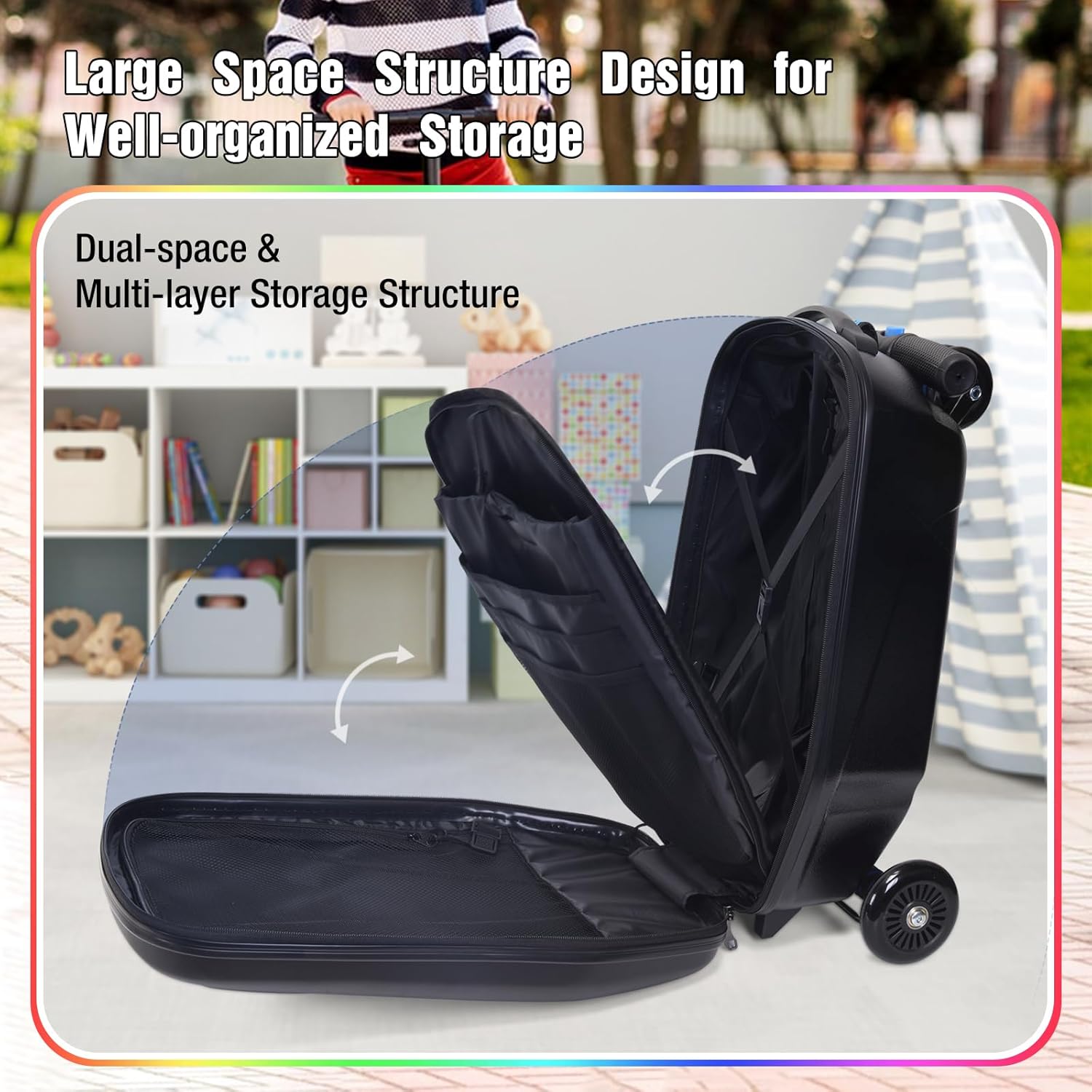 Apelila 20" Scooter Suitcase for Kids, 2-in-1 Ride On Luggage with Wheels for Boys & Girls Ages 4-15, Foldable Hardshell Carry On Lightweight Travel Suitcase for Airplane (Gentle Black w/LED)