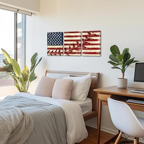 Miniatura 5 de Artsbay Arte de pared con bandera estadounidense roja, lienzo con costuras de béisbol, cuadros modernos, retro, deportes, obras de arte para