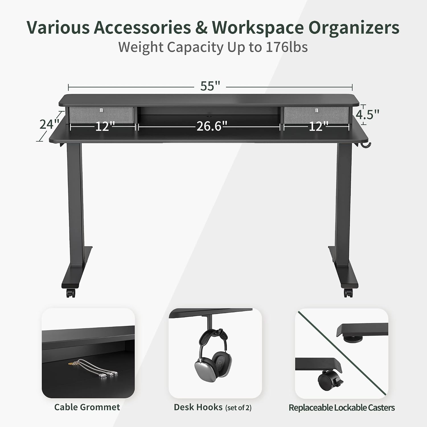 FEZIBO Height Adjustable Electric Standing Desk with Double Drawer, 55 x 24 Inch Stand Up Table with Storage Shelf, Sit Stand Desk with Splice Board, Black Frame/Black Top