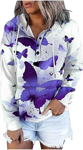 Sudadera con capucha para mujer, con estampado de mariposa, casual, con botones abiertos, estilo Henley, manga larga, con cordón, recortada