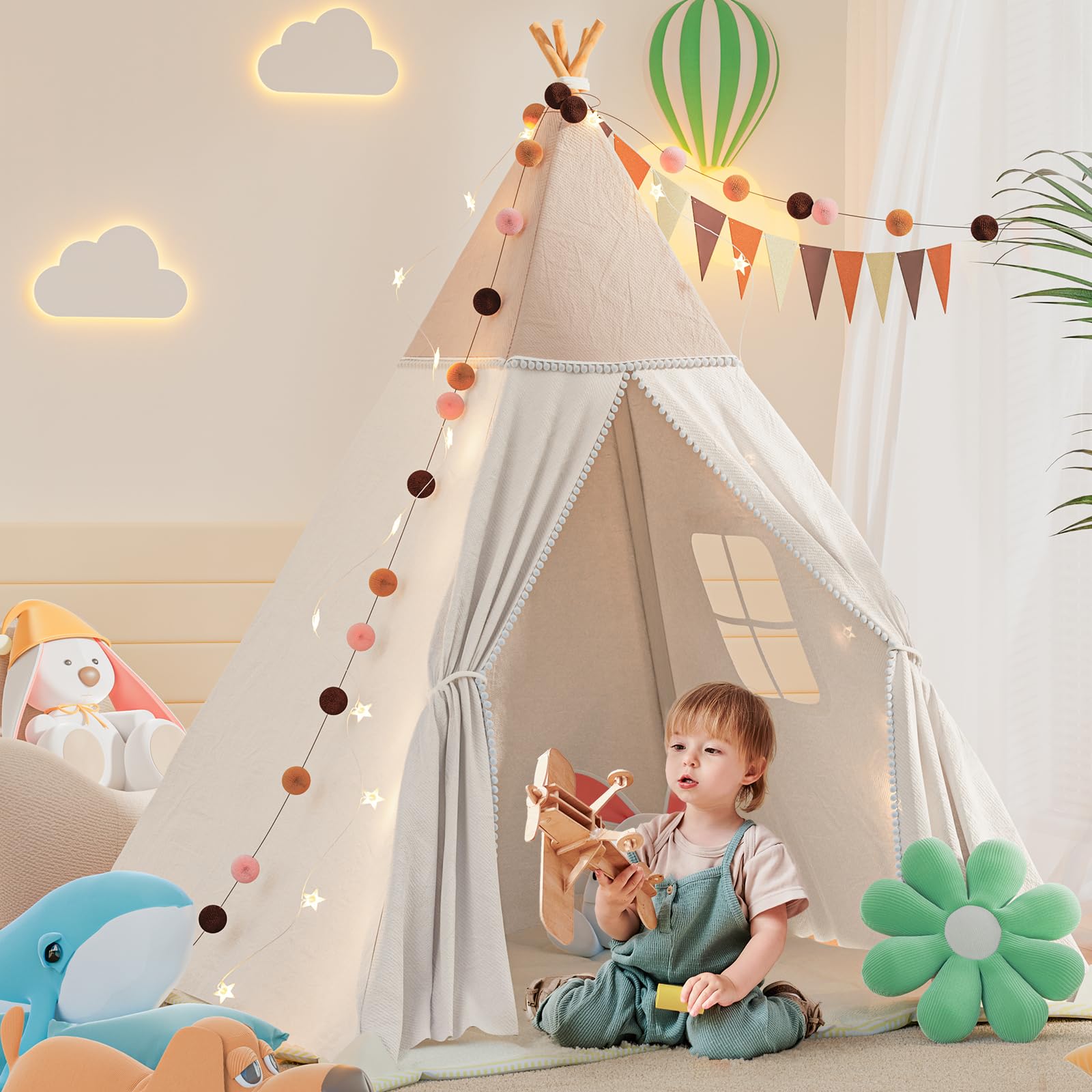 Tipi tenda per bambini, tenda da gioco con coperta imbottita, catena luminosa, borsa per il trasporto, stile Montessori, per bambini, colore: verde chiaro
