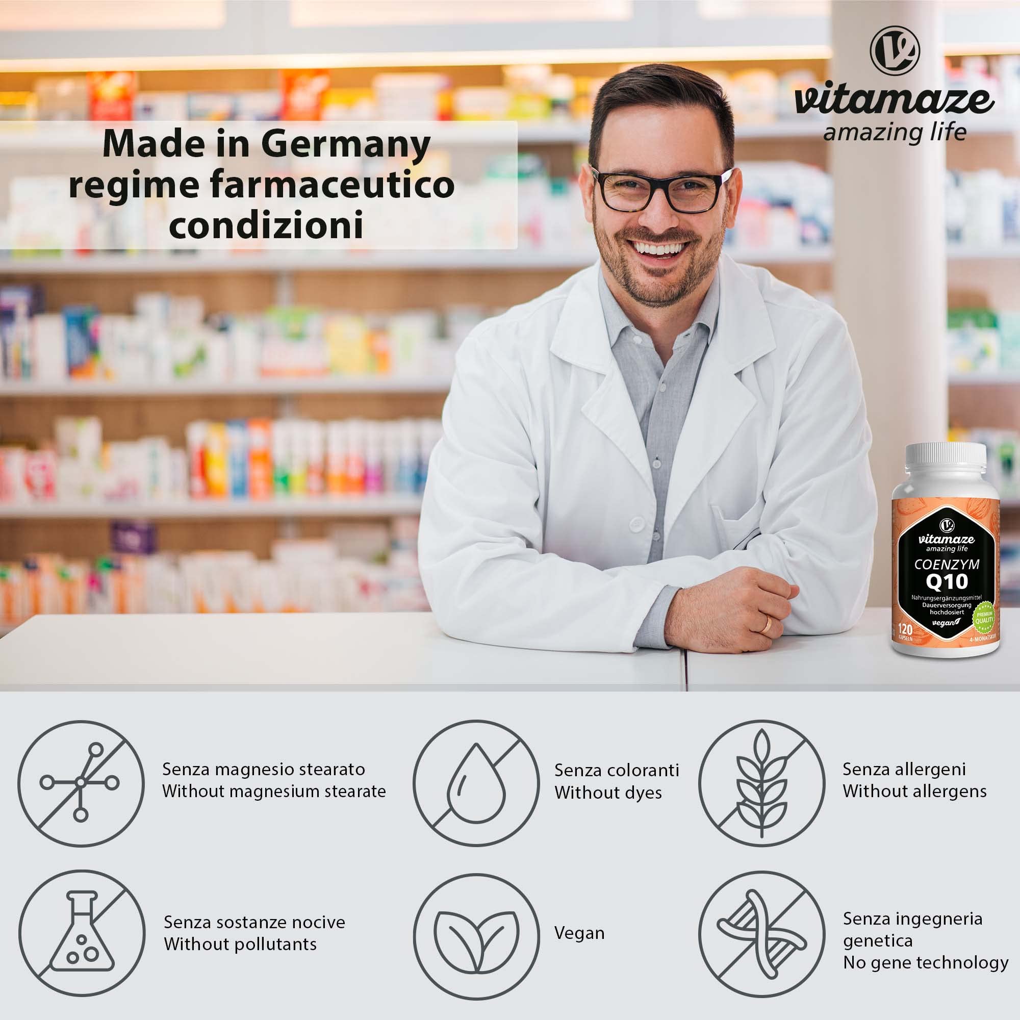 Vitamaze® Coenzima Q10 200 mg per Capsula Vegano, 120 Capsule per 4 Mesi, Ubichinone con la Migliore Biodisponibilità, Integratore Alimentare senza Additivi non Necessari, Qualità Tedesca…