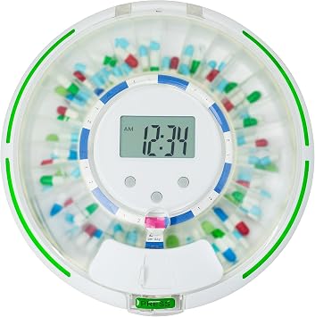 Automatic Pill Dispenser,Lock 28-Day Medication Organizer, Up to 6 Doses Per Day, 6 Dosage Templates, Sound & Light Alerts & Key for Vitamins, Supplements Frosted Lid