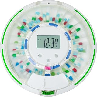 Automatic Pill Dispenser，Lock 28-Day Medication Organizer, Up to 6 Doses Per Day, 6 Dosage Templates, Sound & Light Alerts & Key for Vitamins, Supplements (Frosted Lid)