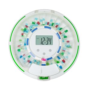 Automatic Pill Dispenser Lock 28-Day Medication Organizer Up to 6 Doses Per Day 6 Dosage Templates Sound Light
