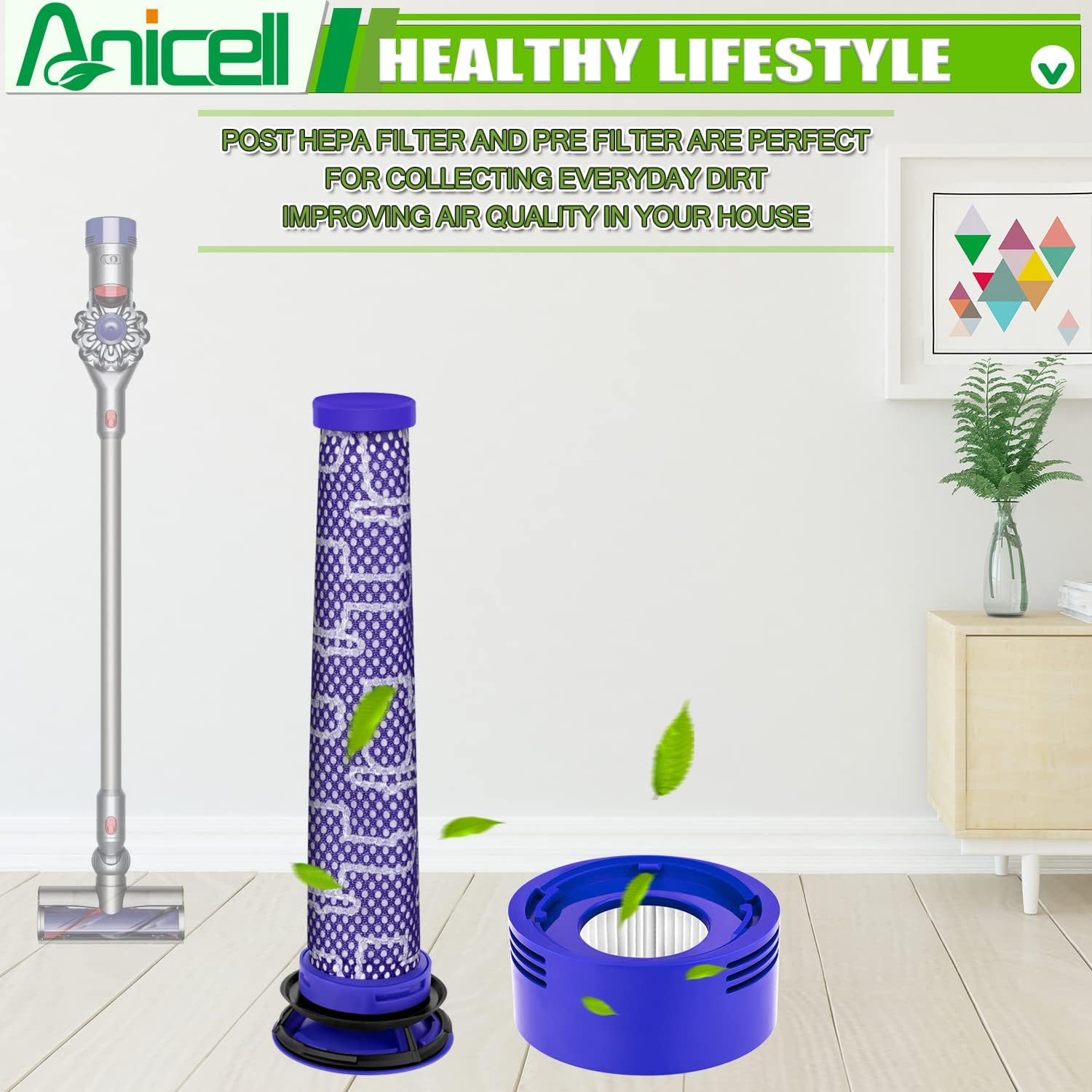 V8 Filter Replacement Compatible with Dyson V7 V8 Animal V8 Absolute V8 Motorhead Origin SV10 V7 Animal V7 Cordless Stick Vacuum, 2 HEPA Post Filters+2 Pre Filters, Part 965661-01 & 967478-01
