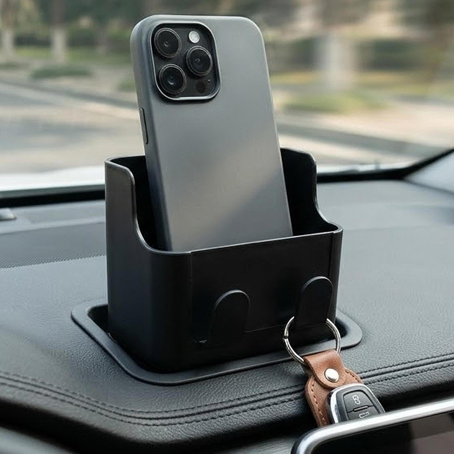 Car Key Fob Holder, Car Garage Keys Card Holder for Dashboard, Multifunctional Key Remote Organizer with Strong Double-sided Adhesive Tape (Black, 8.8x7x5.5cm)