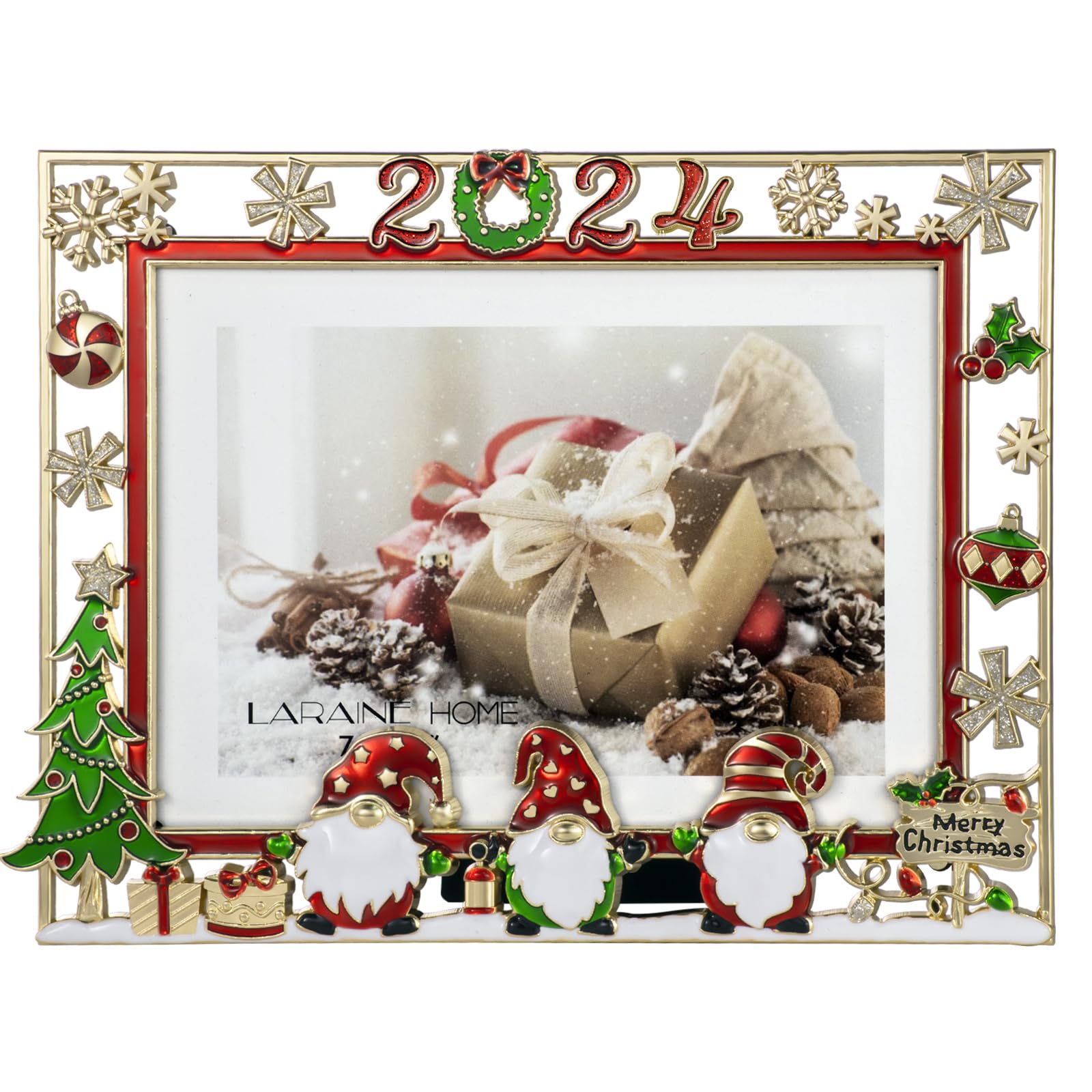 LARAINE Picture Photo Frame 5x7 Metal 2024 Christmas High Definition Glass Display Pictures for Tabletop Home Decorative Holiday Gift (Gold-Gnome (2024))