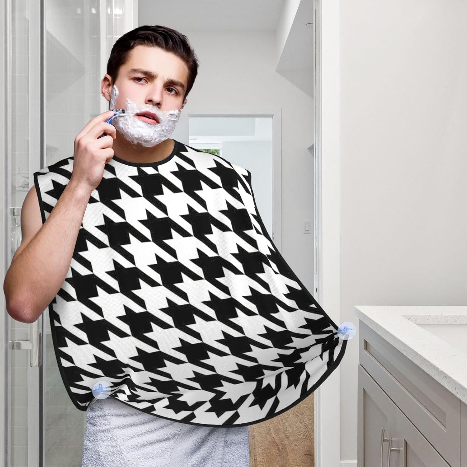 Houndstooth Black Print Beard Bib Apron, Shaving Apron For Dad, Men'S Hair Catcher For Shaving Best Gifts For Dad