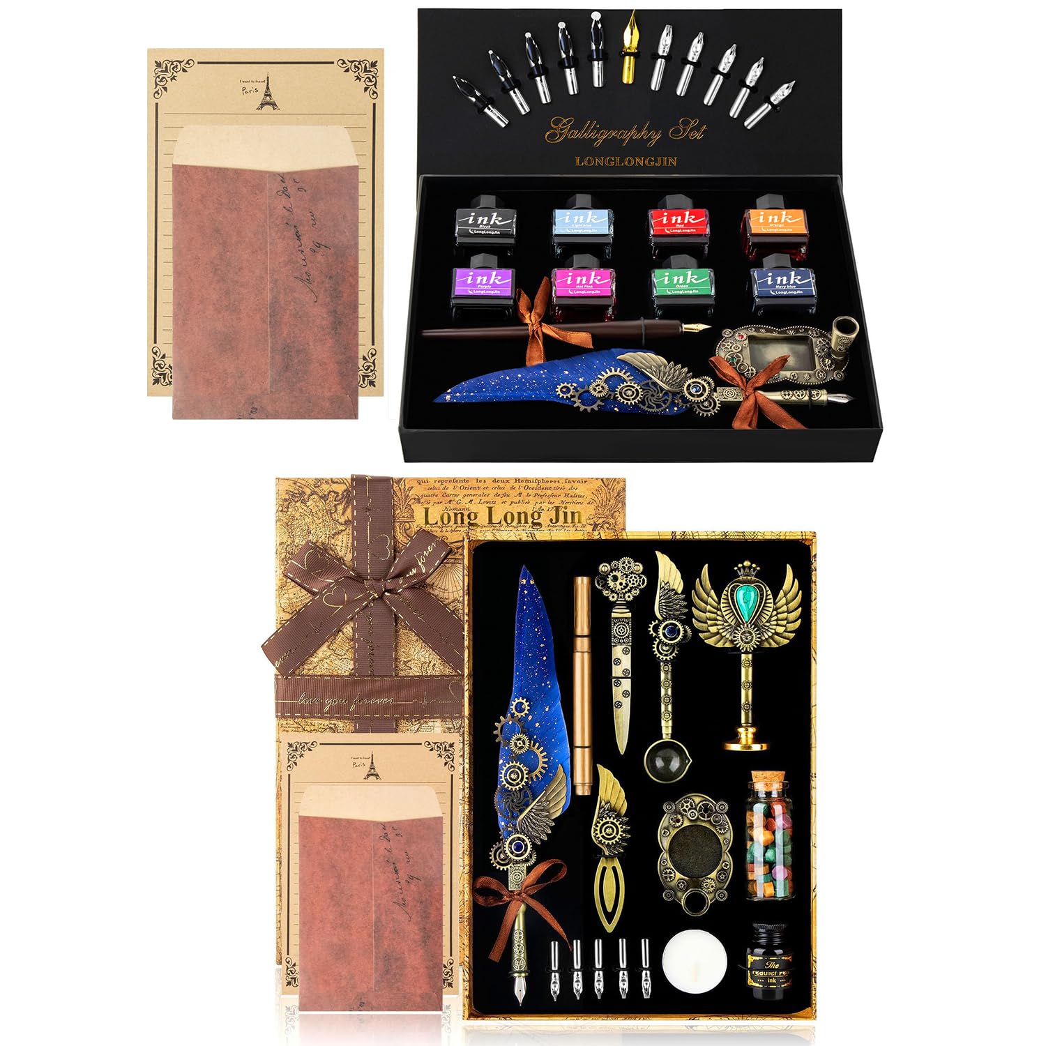 LongLongJin Calligraphy Pens and 8*Colors Ink Set + Wax Seal Stamp Kit，Beginner Calligraphy Quill Pen Lovers of All Ages Selection Gift